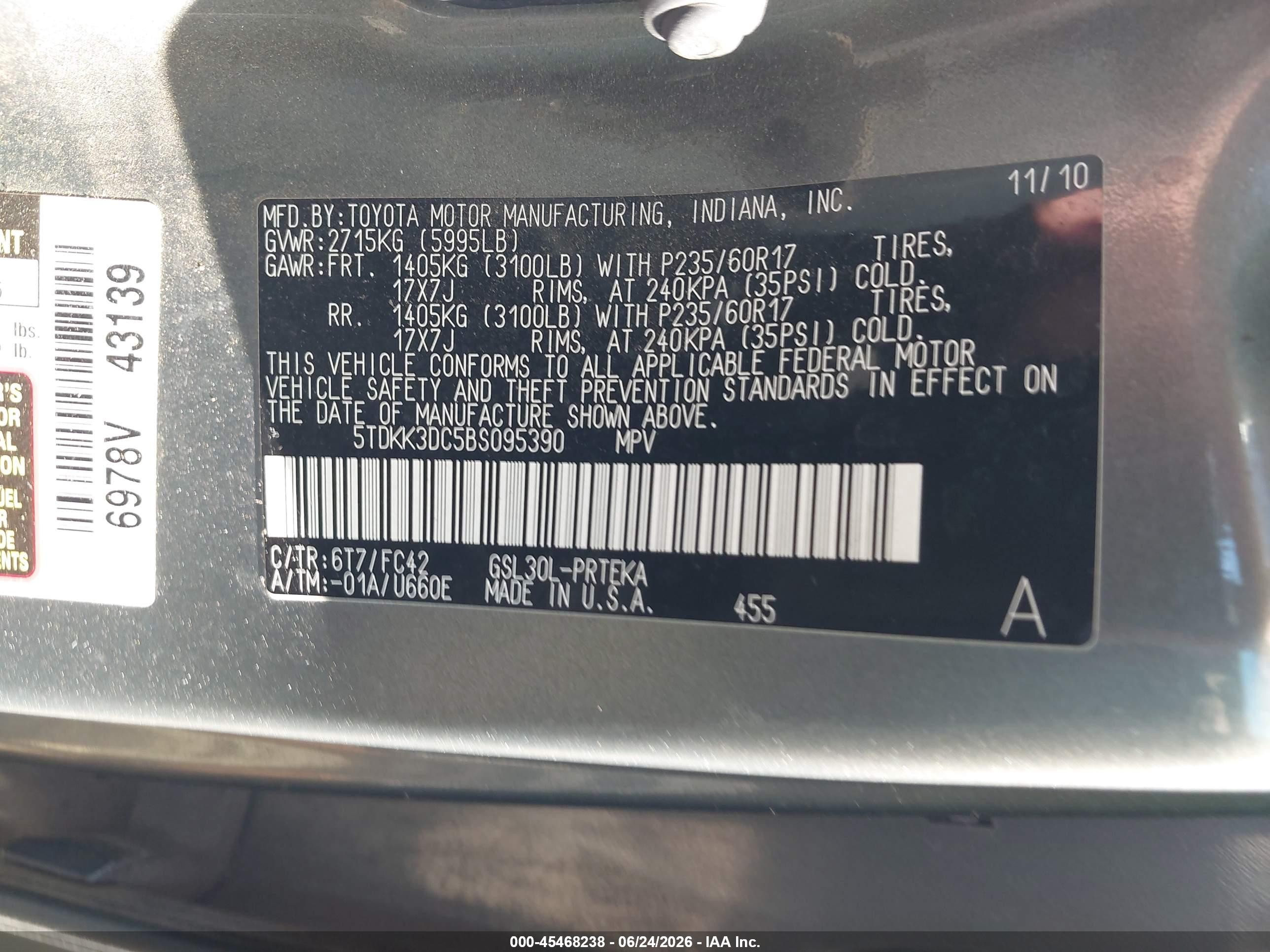 2011 Toyota Sienna Le V6 Зеленый vin: 5TDKK3DC5BS095390