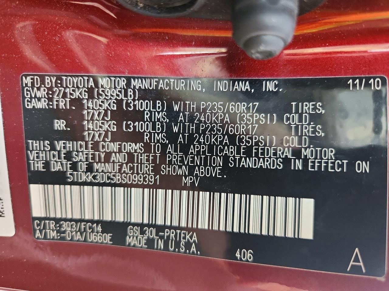 2011 Toyota Sienna Le Бордовый vin: 5TDKK3DC5BS099391