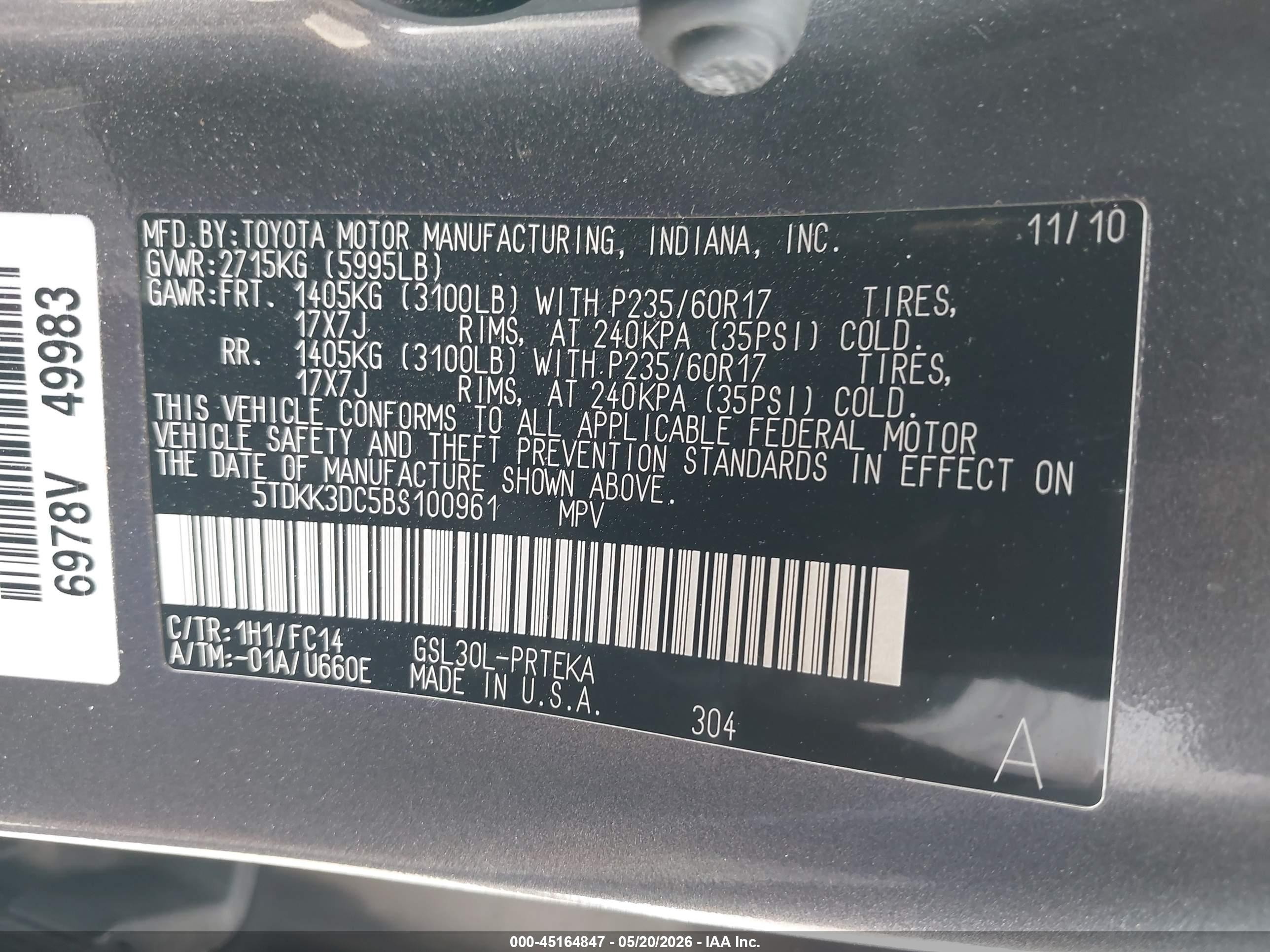2011 Toyota Sienna Le V6 Gray vin: 5TDKK3DC5BS100961