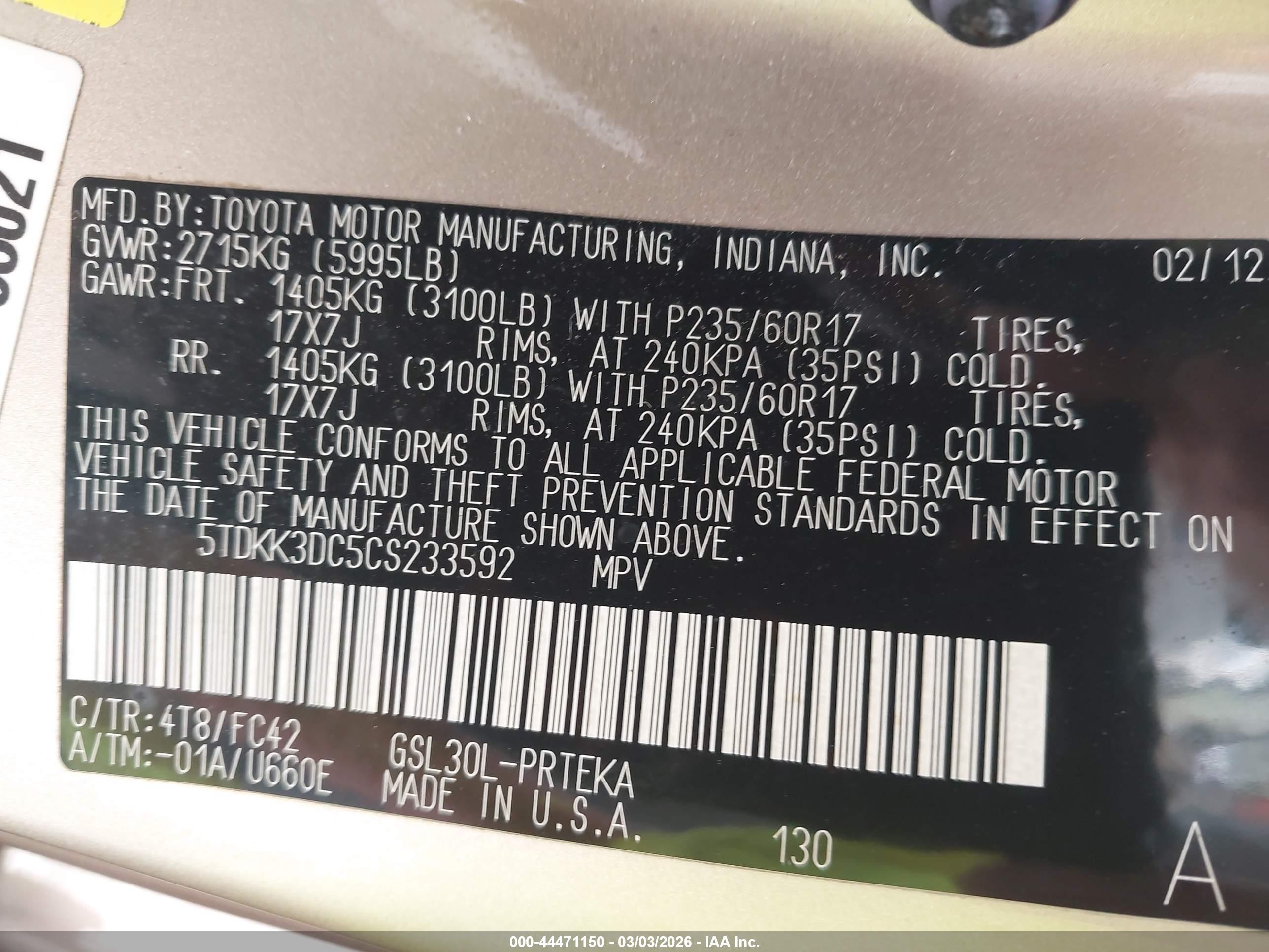 2012 Toyota Sienna Le V6 8 Passenger Gold vin: 5TDKK3DC5CS233592