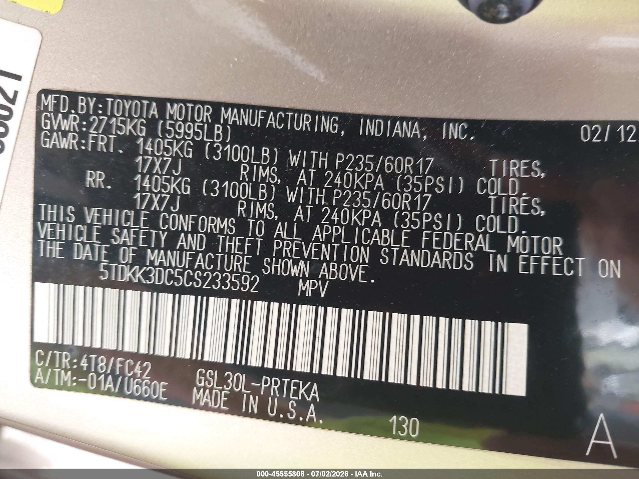 2012 Toyota Sienna Le V6 8 Passenger Gold vin: 5TDKK3DC5CS233592