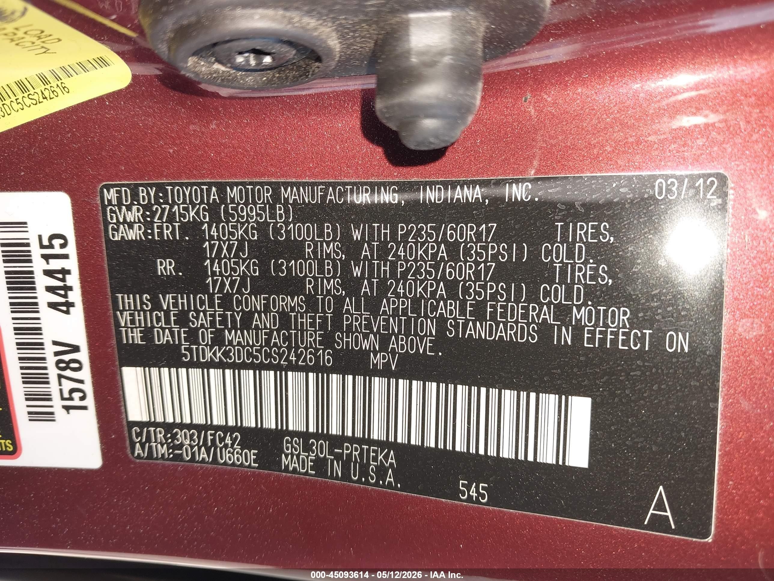 2012 Toyota Sienna Le V6 8 Passenger Red vin: 5TDKK3DC5CS242616