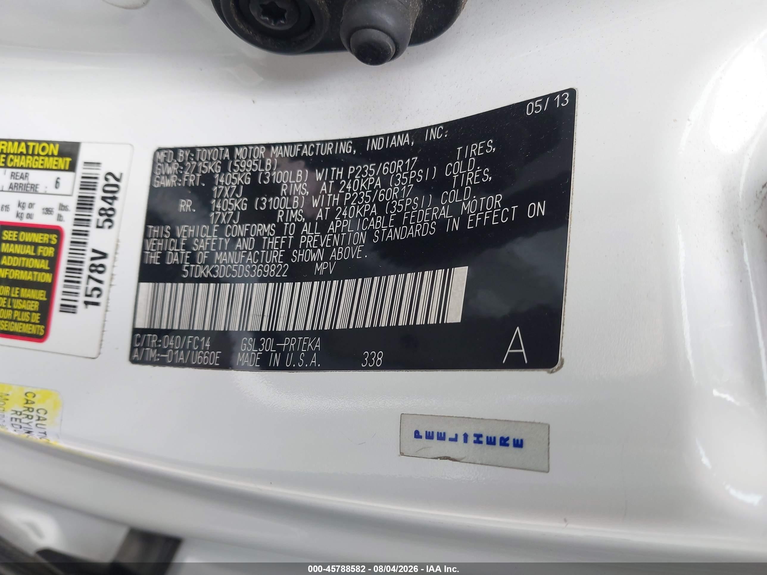 2013 Toyota Sienna Le V6 8 Passenger Белый vin: 5TDKK3DC5DS369822