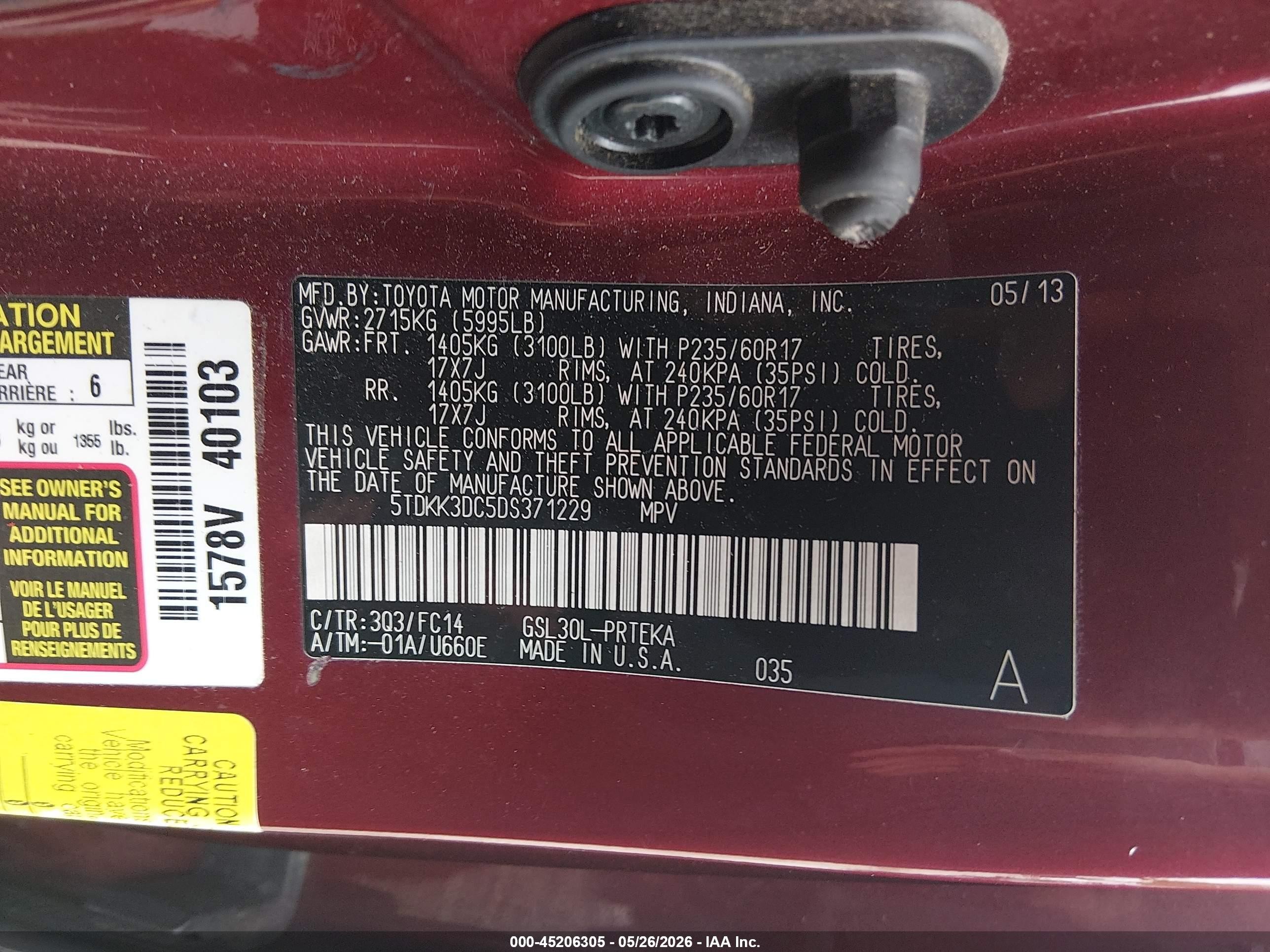 2013 Toyota Sienna Le V6 8 Passenger Красный vin: 5TDKK3DC5DS371229