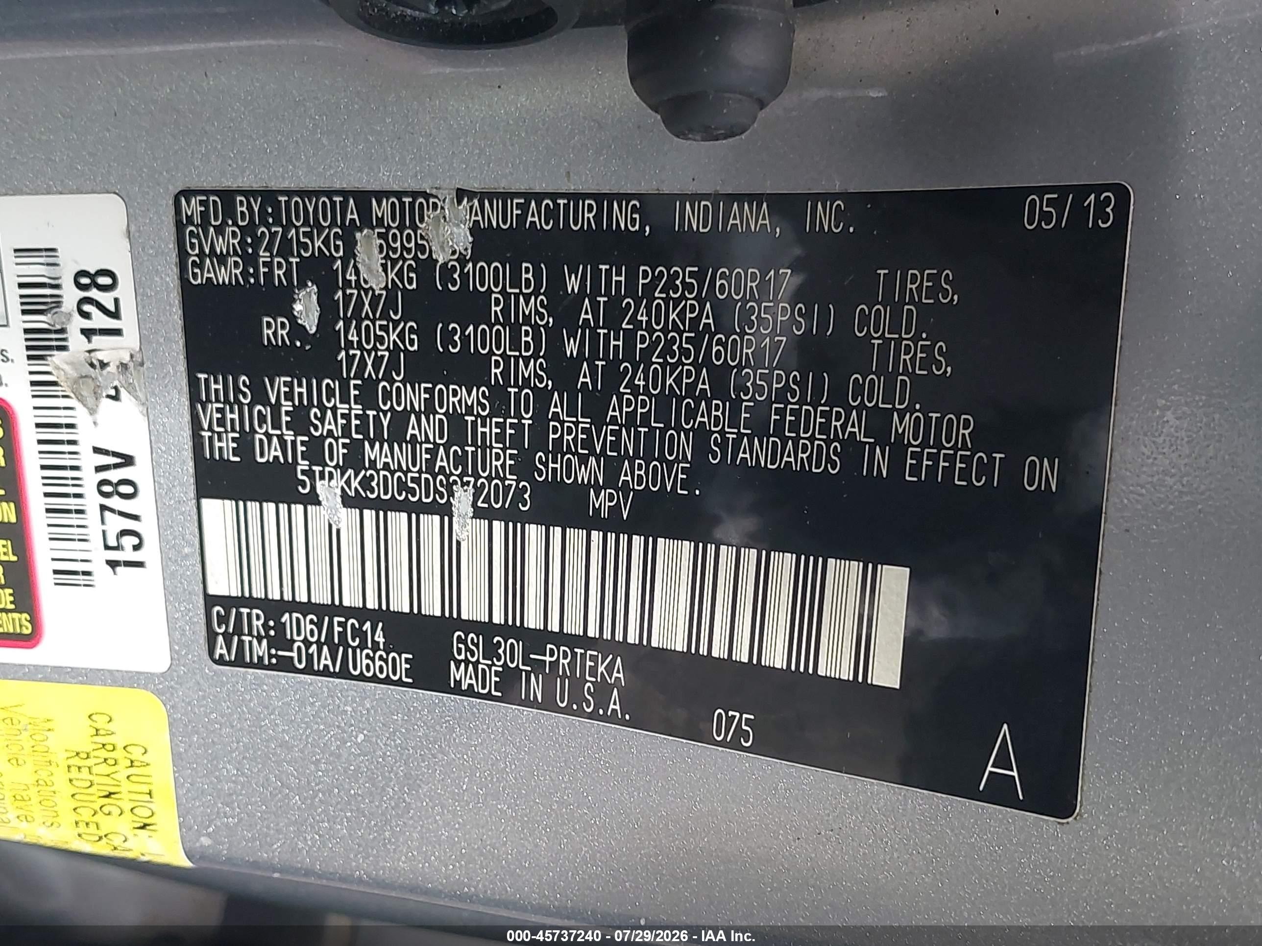 2013 Toyota Sienna Le V6 8 Passenger Light Blue vin: 5TDKK3DC5DS372073