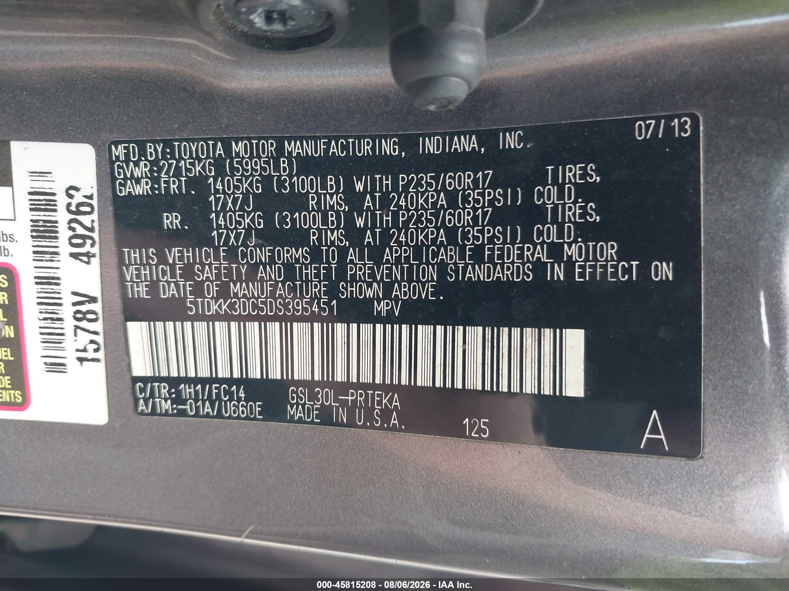 2013 Toyota Sienna Le V6 7 Passenger Auto Access Seat/le V6 8 Passenger Серый vin: 5TDKK3DC5DS395451