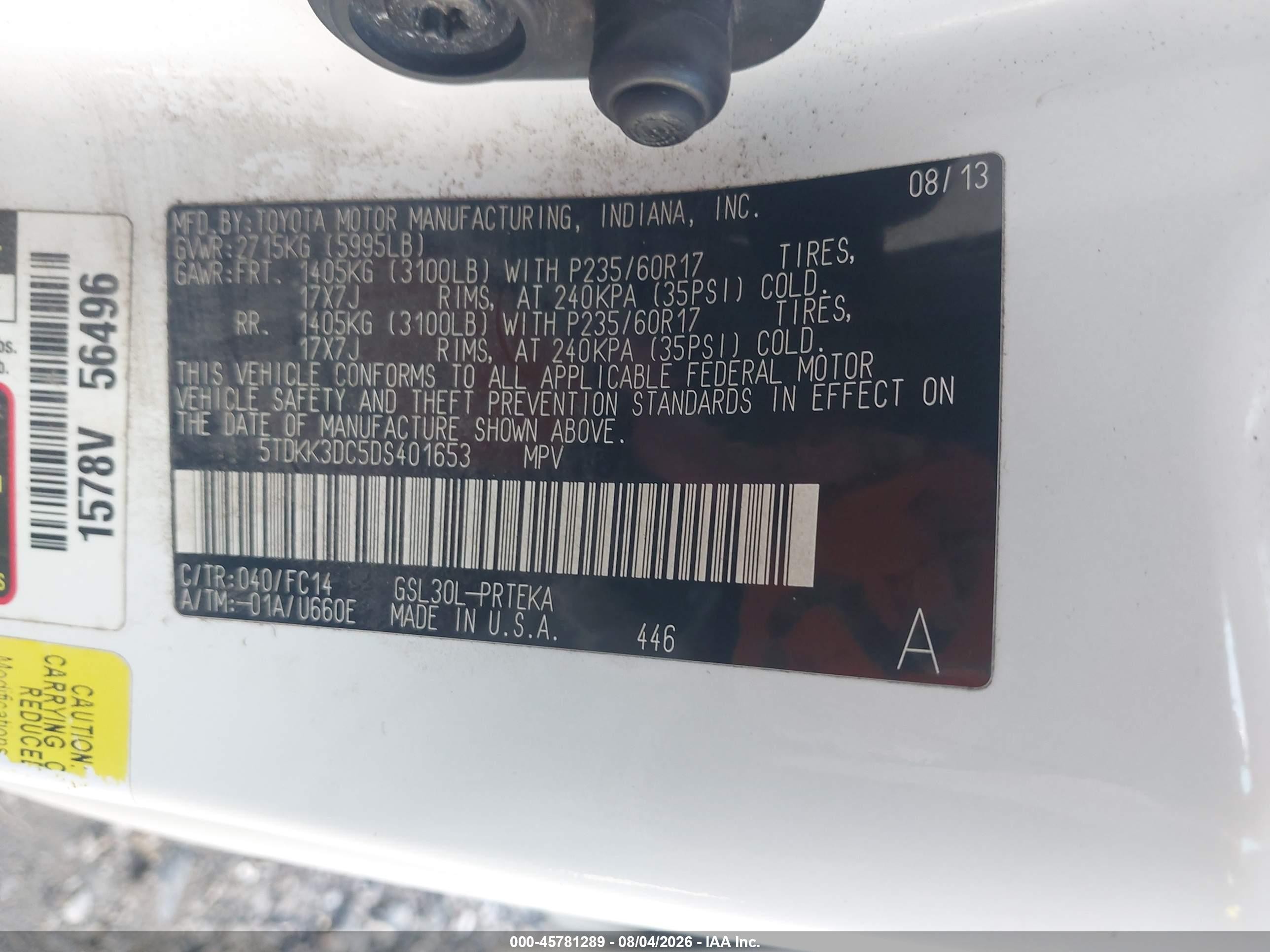 2013 Toyota Sienna Le V6 8 Passenger White vin: 5TDKK3DC5DS401653