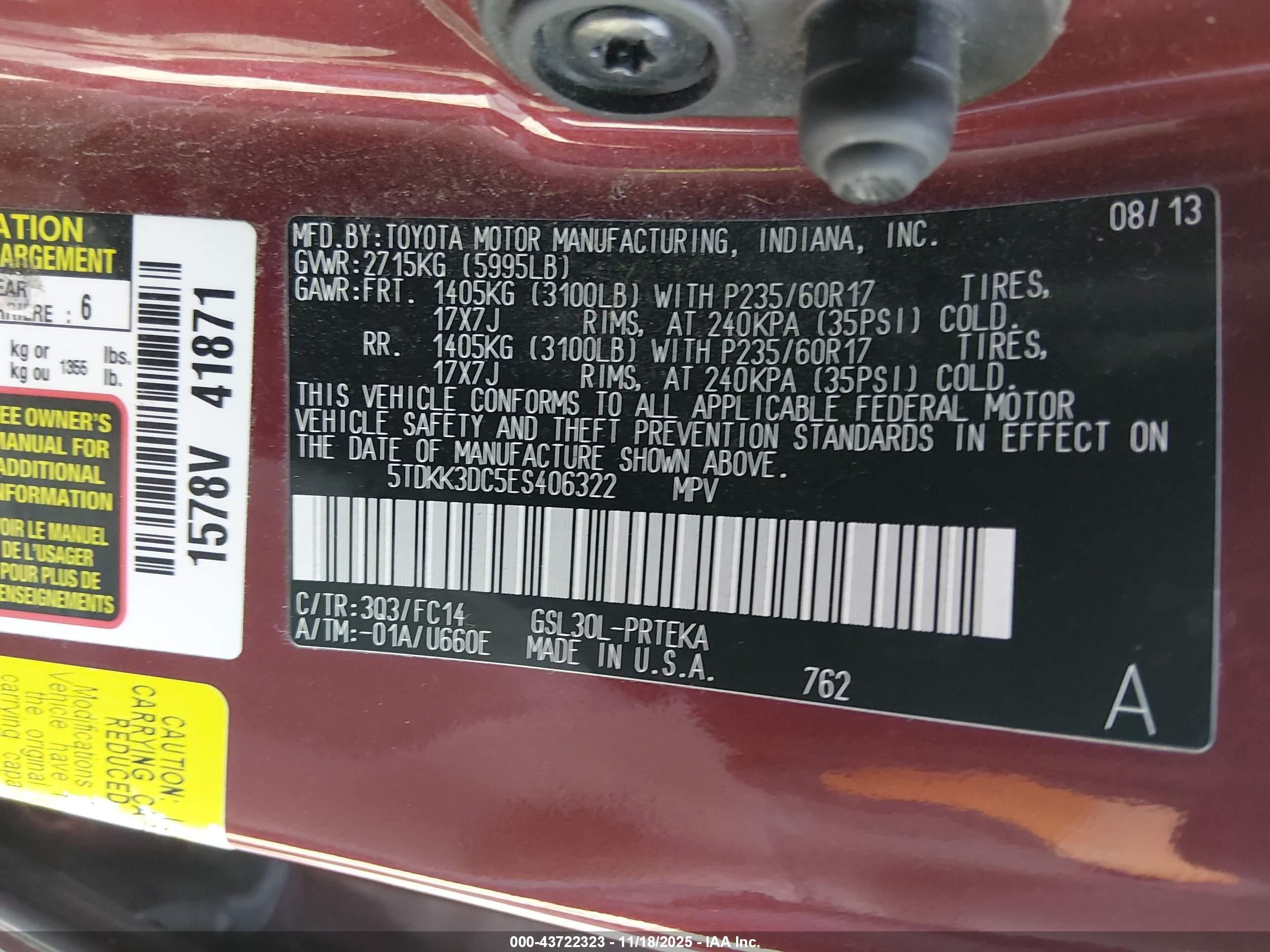 2014 Toyota Sienna Le V6 8 Passenger Maroon vin: 5TDKK3DC5ES406322