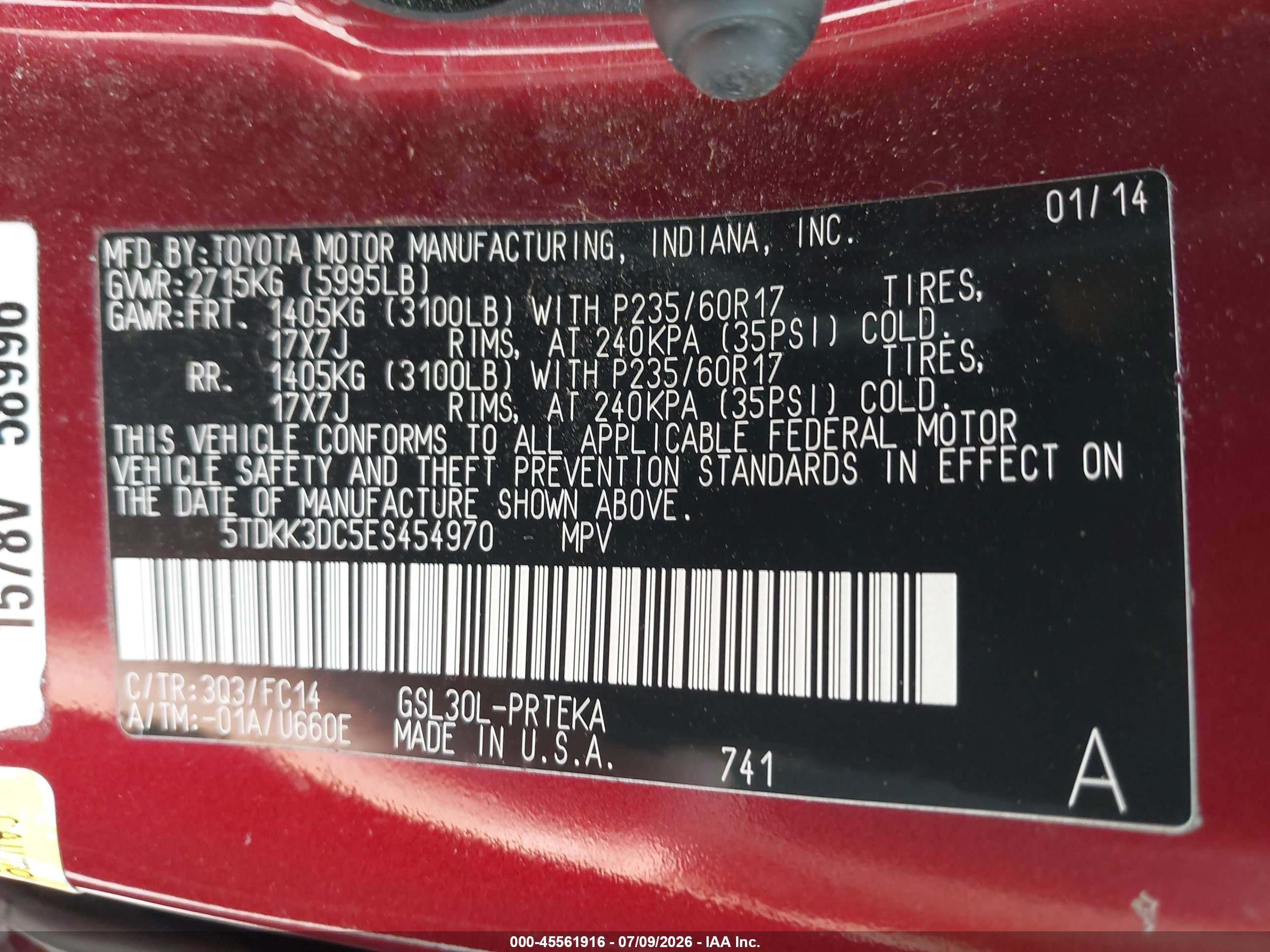 2014 Toyota Sienna Le V6 8 Passenger Red vin: 5TDKK3DC5ES454970
