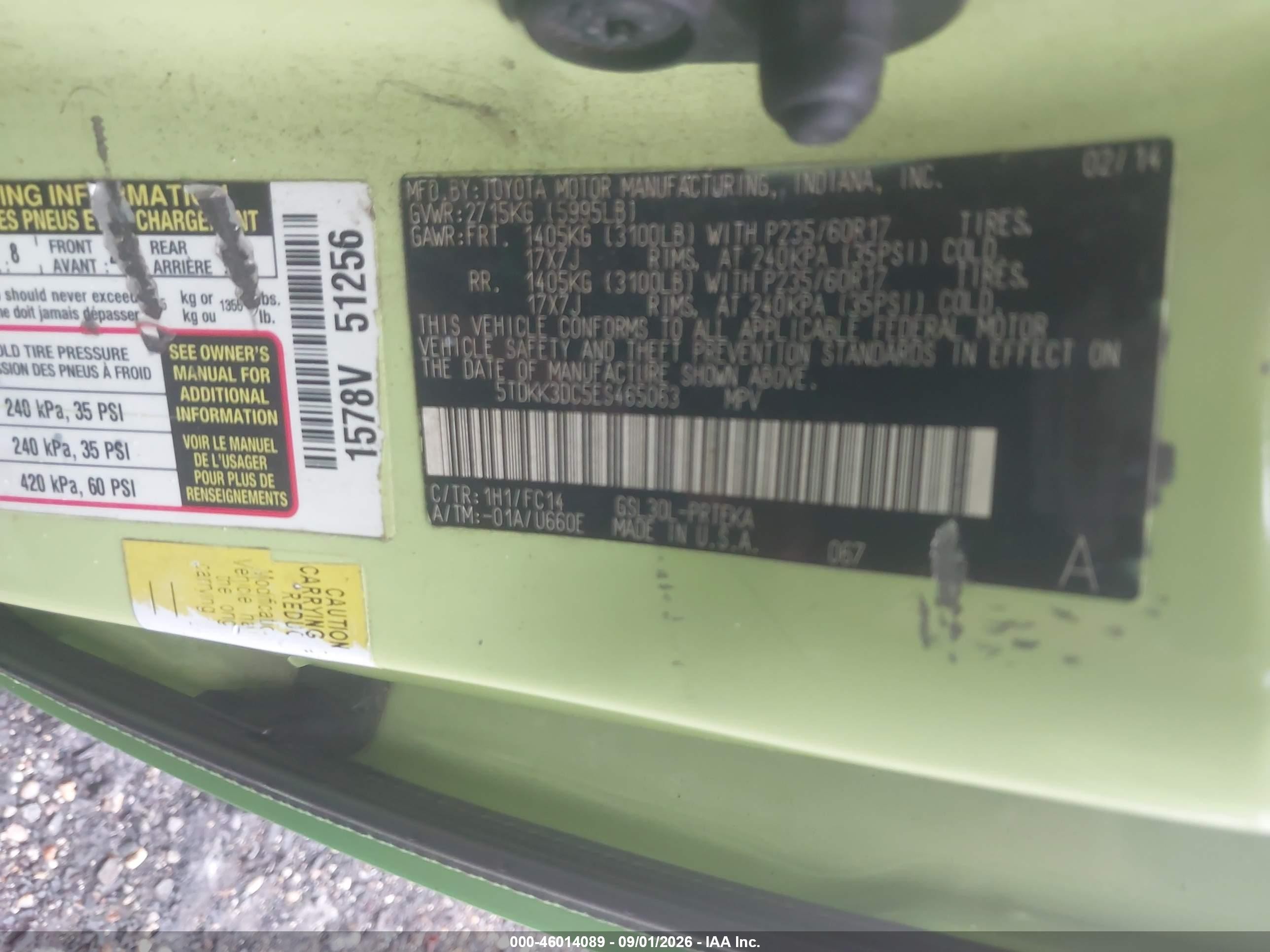 2014 Toyota Sienna Le V6 8 Passenger Green vin: 5TDKK3DC5ES465063