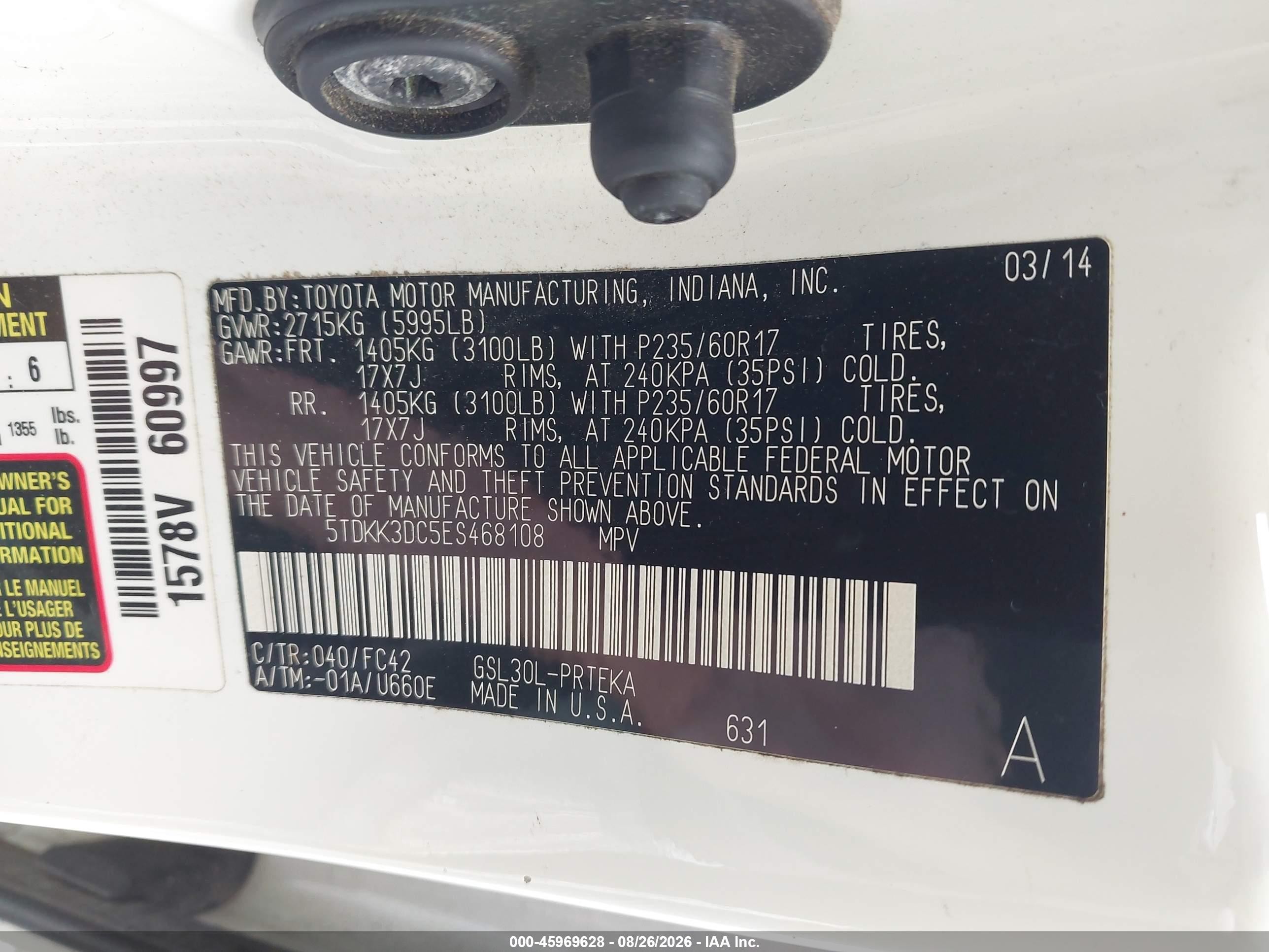 2014 Toyota Sienna Le V6 8 Passenger White vin: 5TDKK3DC5ES468108