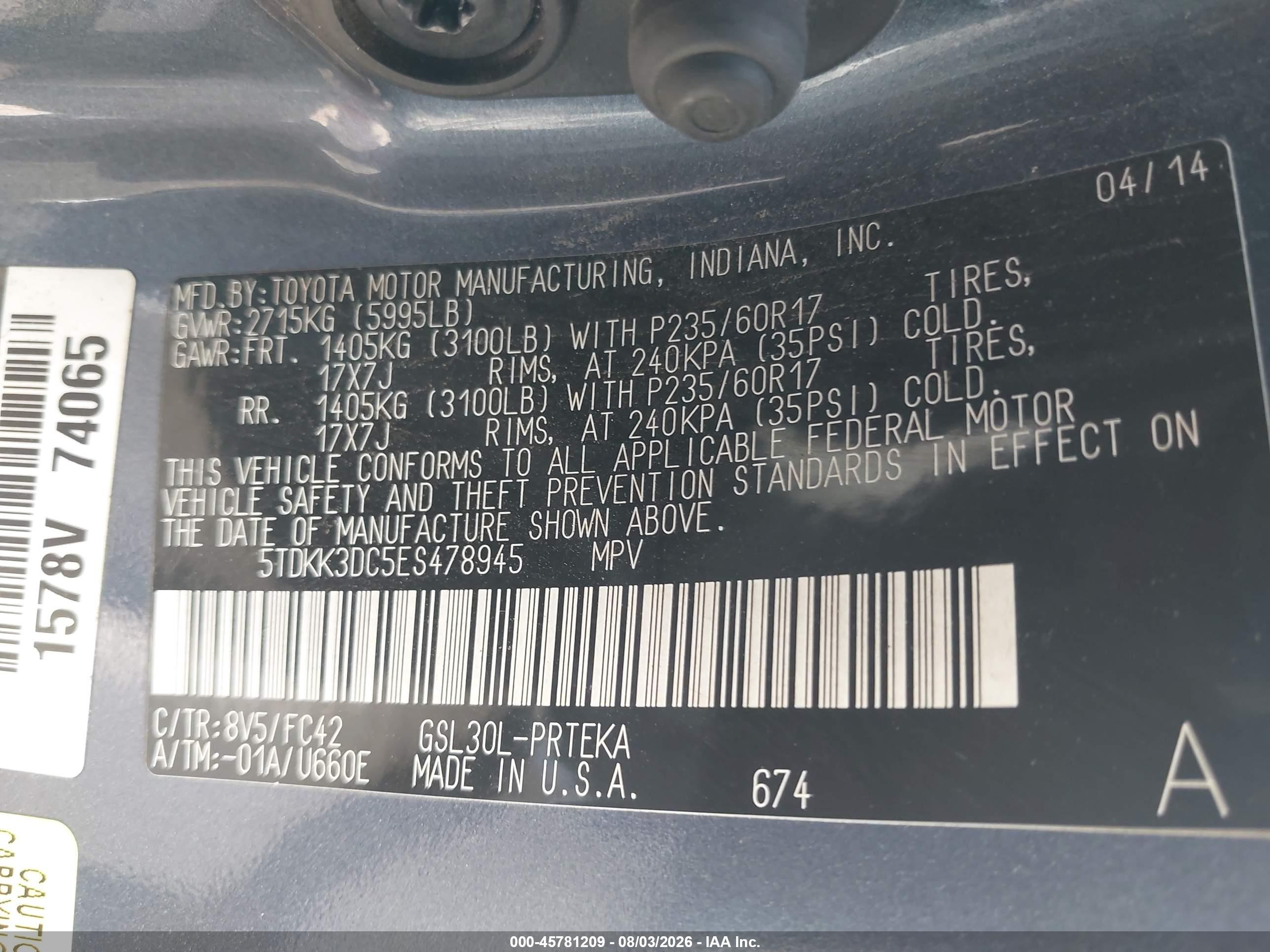 2014 Toyota Sienna Le V6 8 Passenger Blue vin: 5TDKK3DC5ES478945