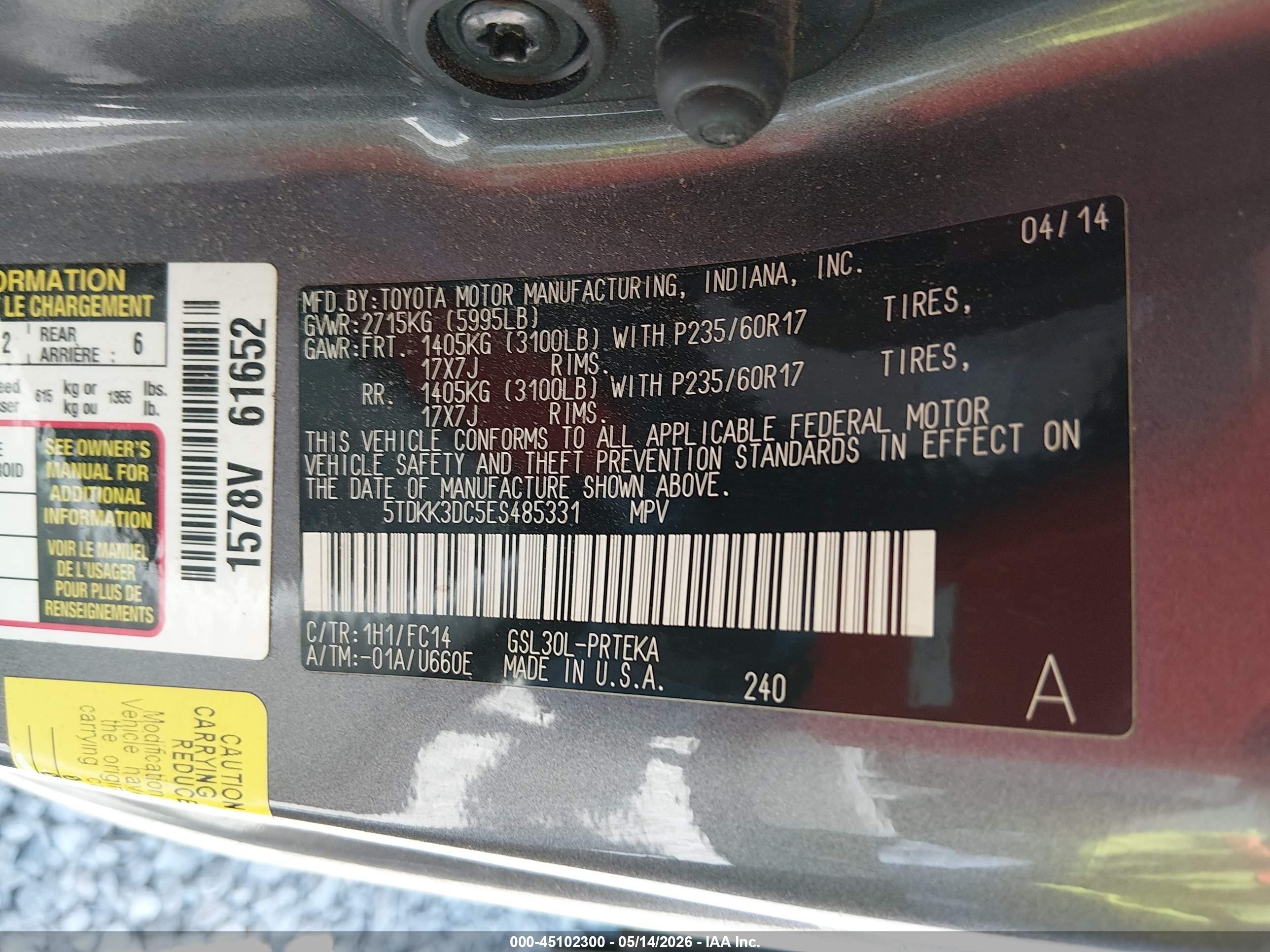 2014 Toyota Sienna Le V6 8 Passenger Серый vin: 5TDKK3DC5ES485331