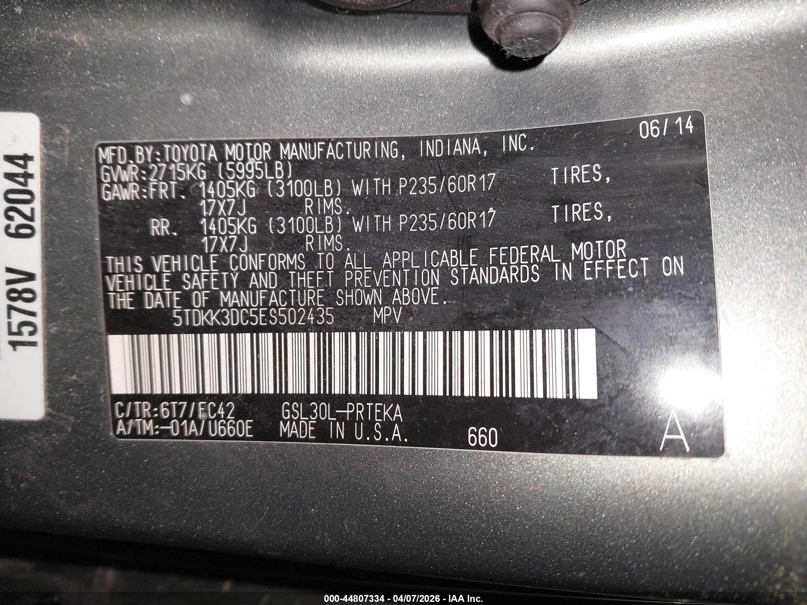 2014 Toyota Sienna Le V6 8 Passenger Серый vin: 5TDKK3DC5ES502435