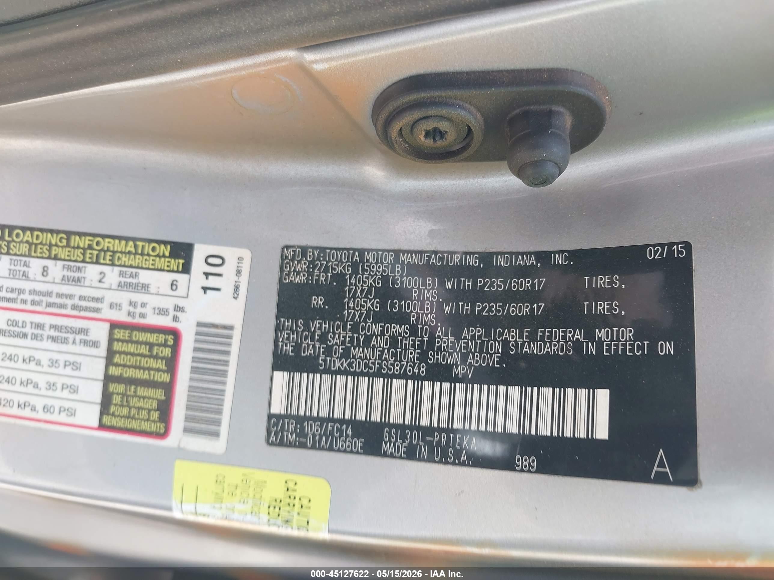 2015 Toyota Sienna Le 8 Passenger Gray vin: 5TDKK3DC5FS587648