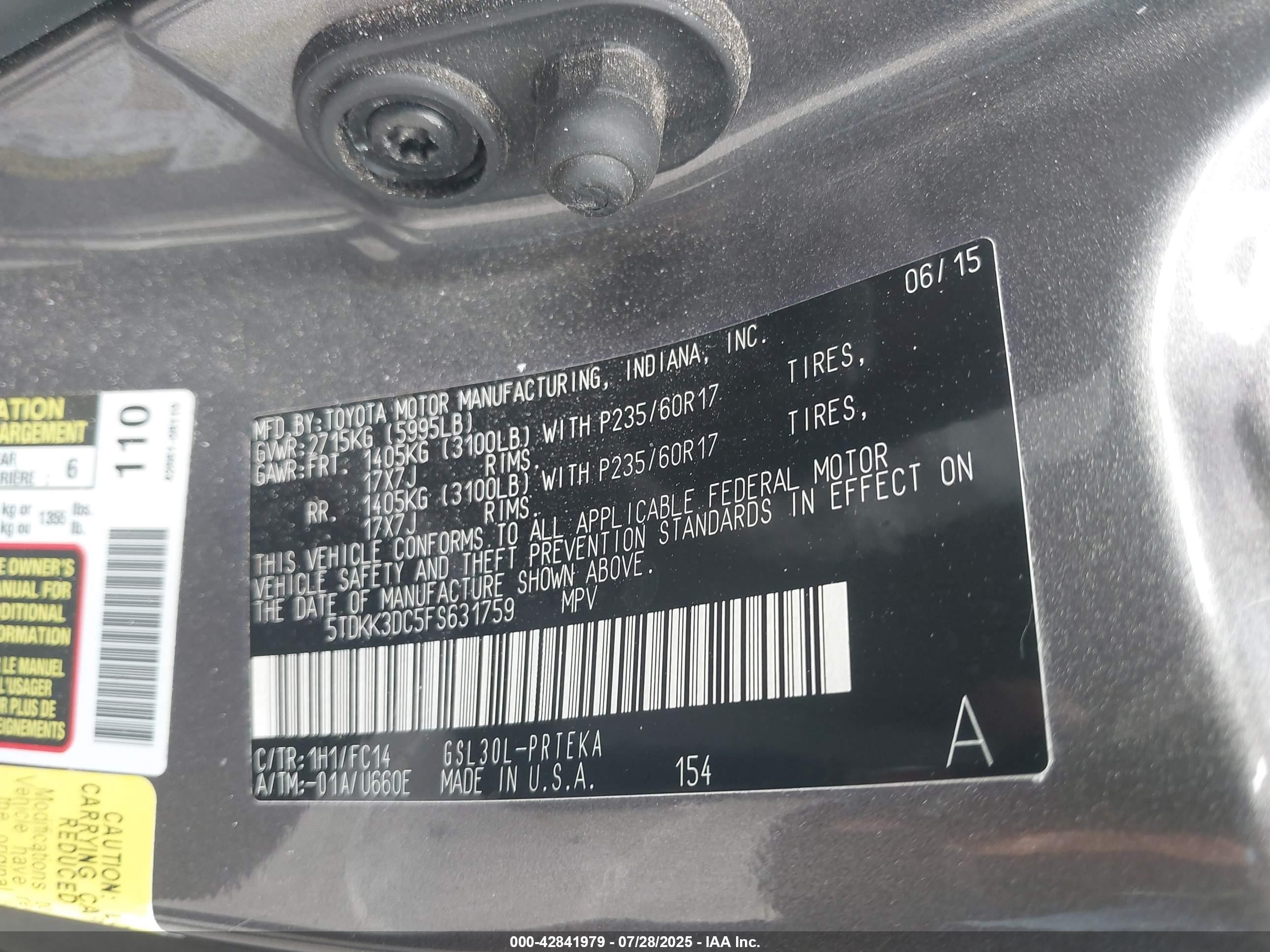 2015 Toyota Sienna Le 8 Passenger Gray vin: 5TDKK3DC5FS631759