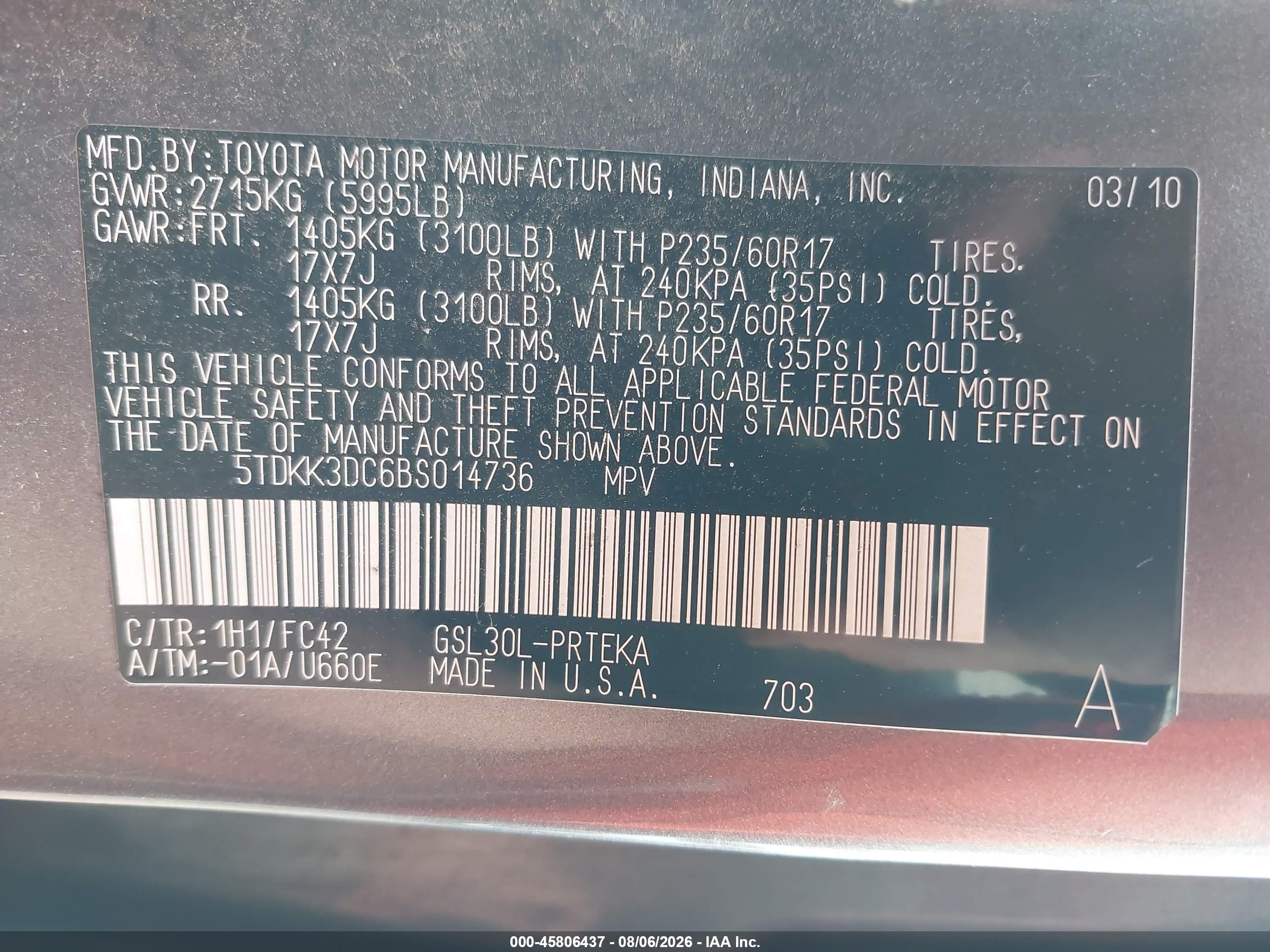 2011 Toyota Sienna Le V6 Серый vin: 5TDKK3DC6BS014736