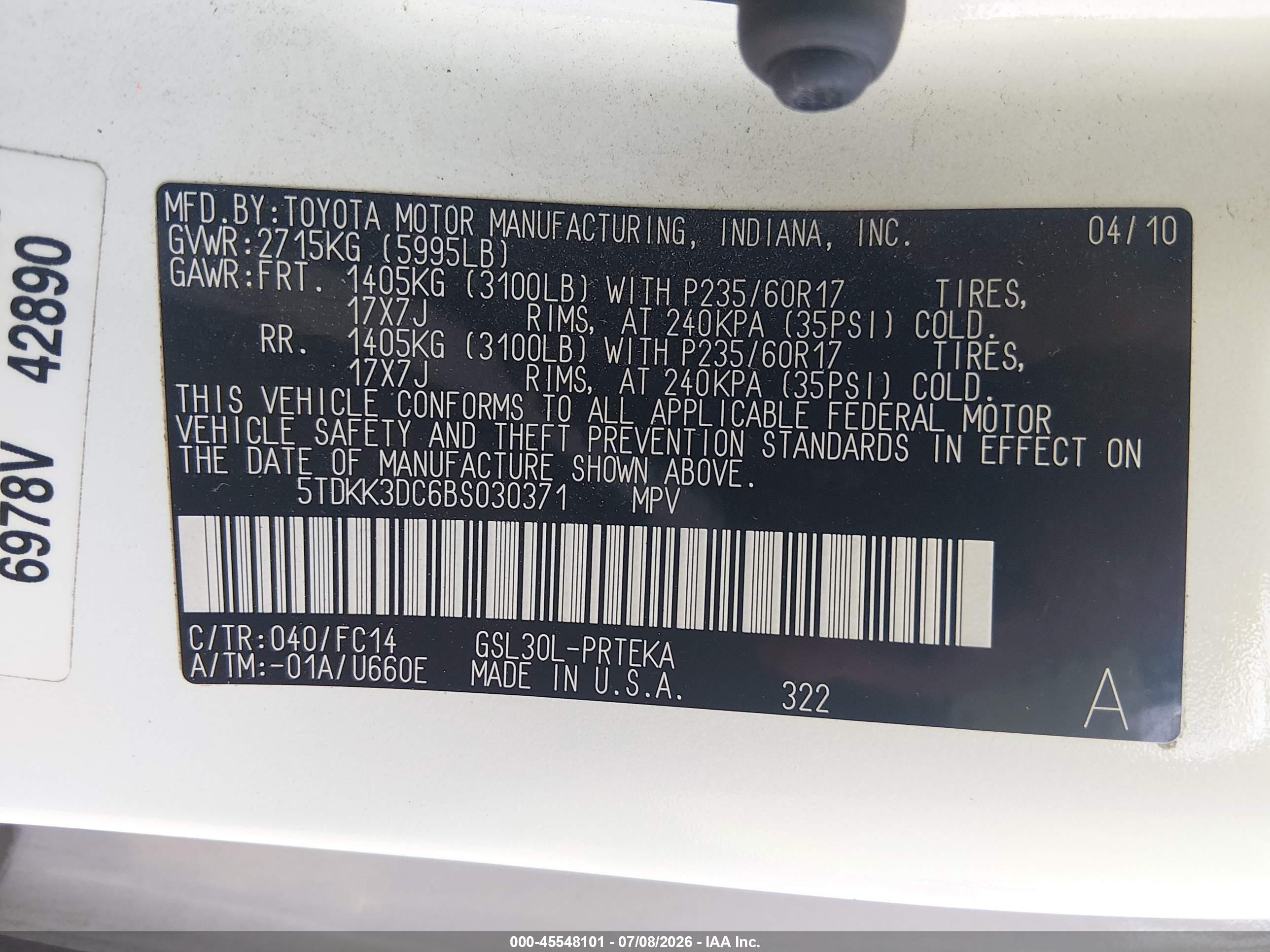 2011 Toyota Sienna Le V6 White vin: 5TDKK3DC6BS030371