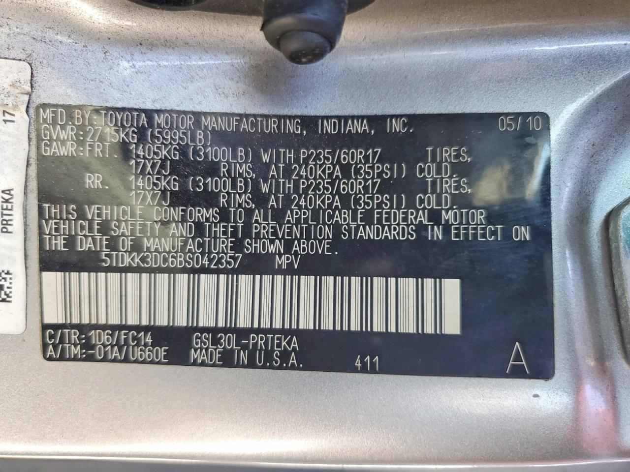 2011 Toyota Sienna Le Silver vin: 5TDKK3DC6BS042357