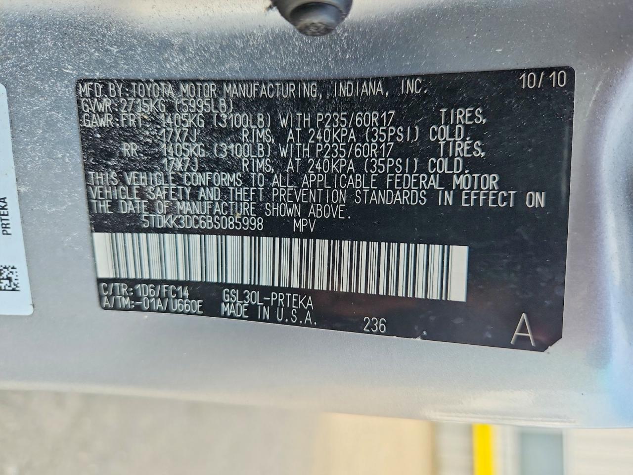 2011 Toyota Sienna Le Gray vin: 5TDKK3DC6BS085998
