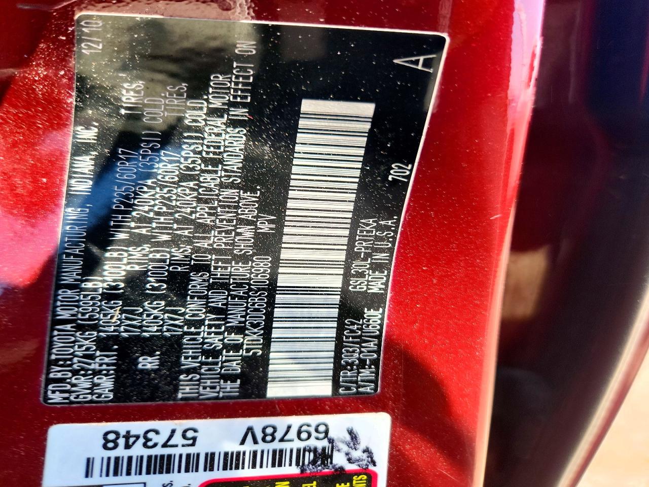 2011 Toyota Sienna Le Red vin: 5TDKK3DC6BS106980