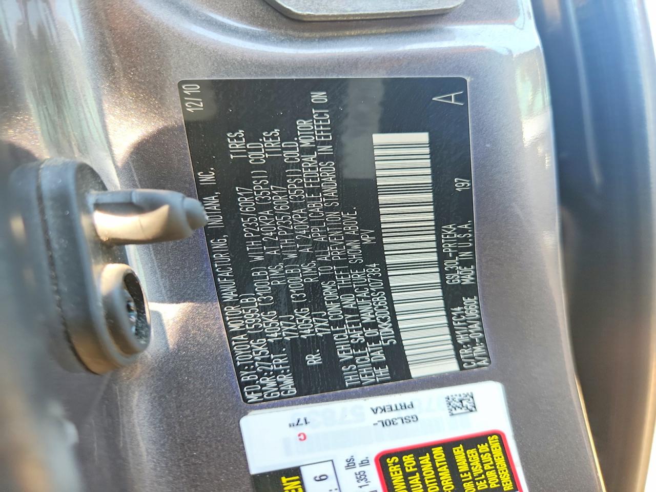 2011 Toyota Sienna Le Угольный vin: 5TDKK3DC6BS107384