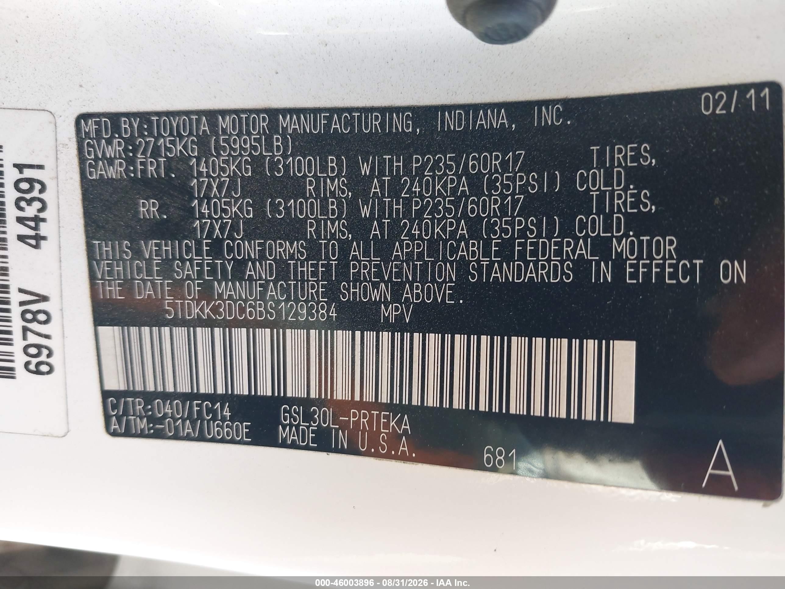 2011 Toyota Sienna Le V6 Белый vin: 5TDKK3DC6BS129384