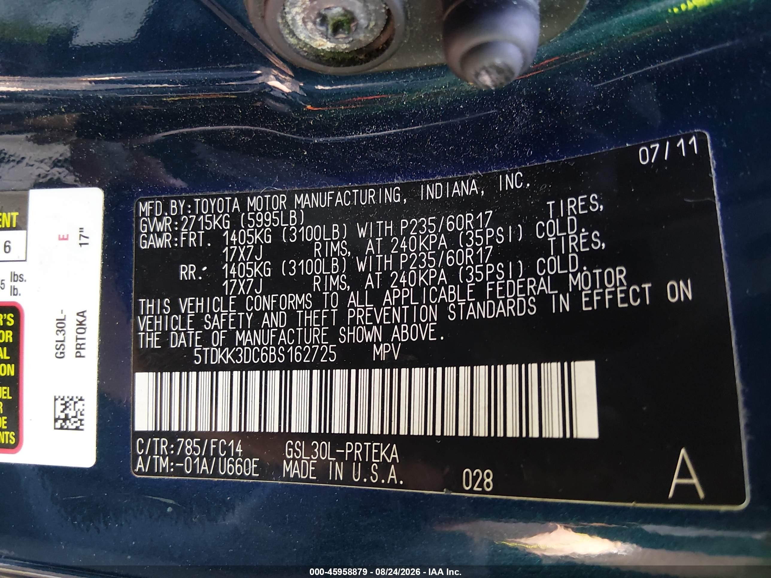 2011 Toyota Sienna Le V6 Blue vin: 5TDKK3DC6BS162725