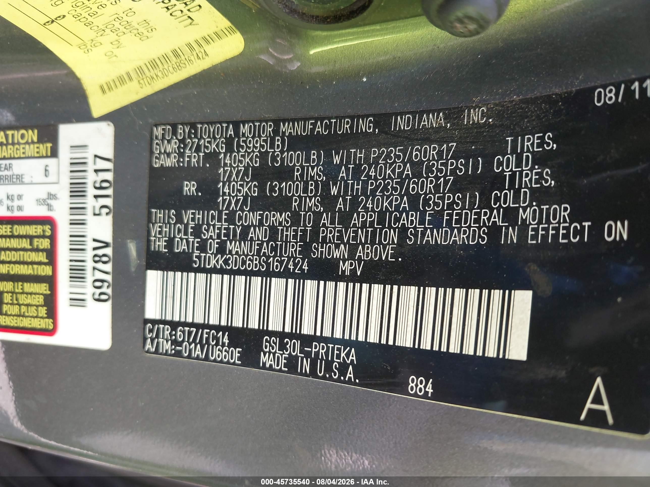 2011 Toyota Sienna Le V6 Gray vin: 5TDKK3DC6BS167424