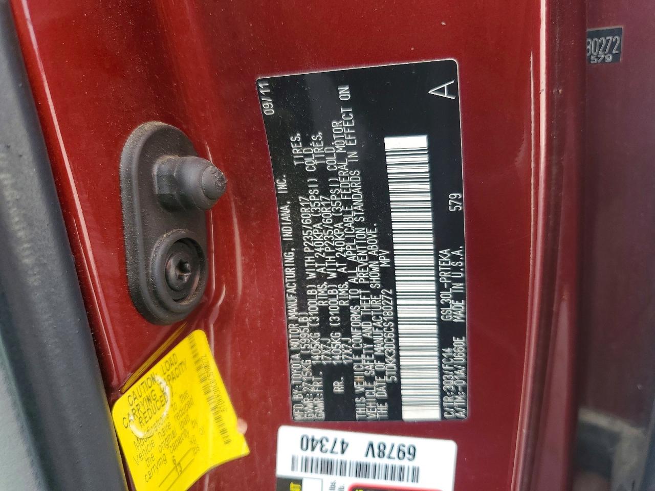 2012 Toyota Sienna Le Red vin: 5TDKK3DC6CS180272