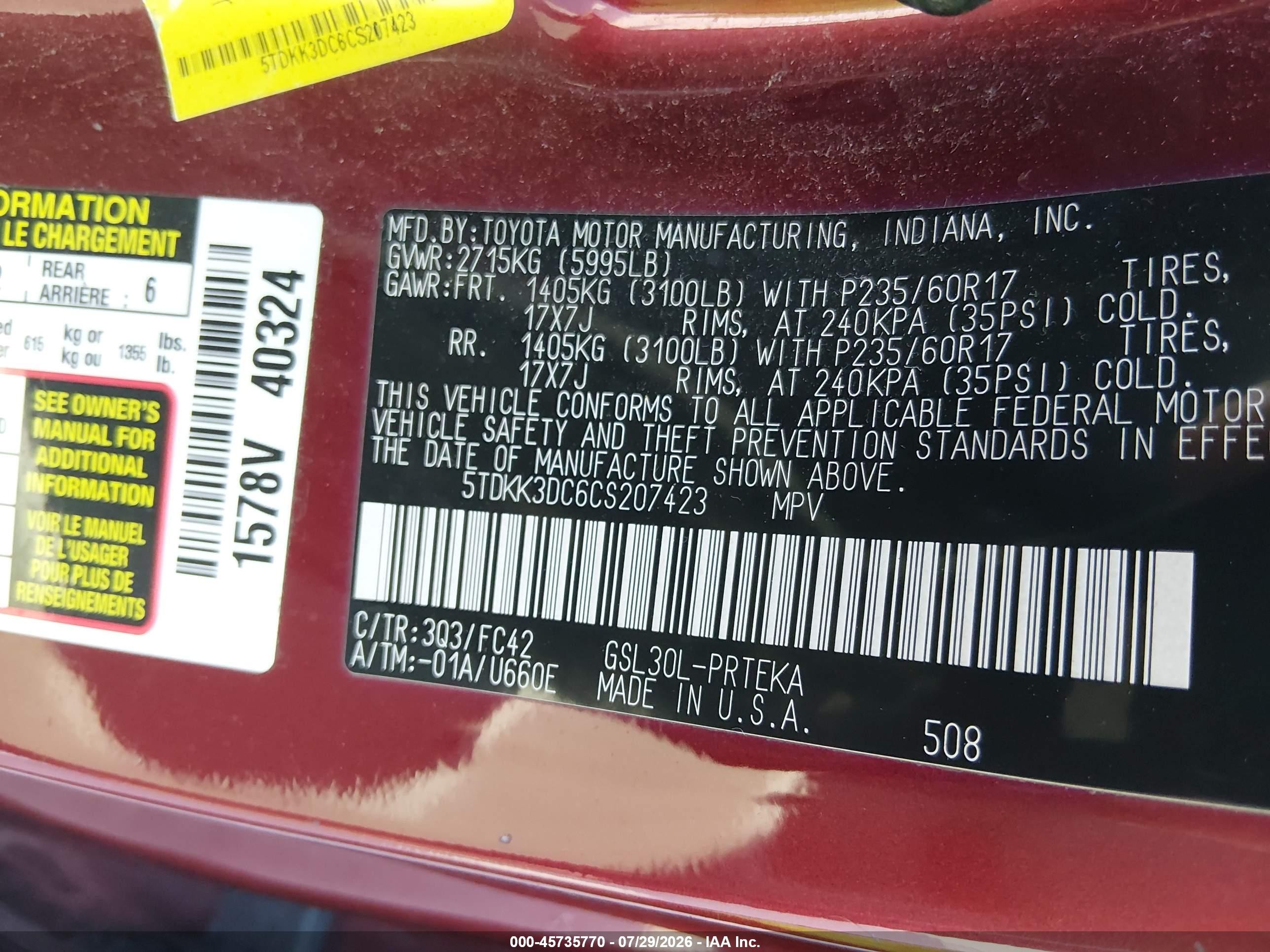 2012 Toyota Sienna Le V6 8 Passenger Burgundy vin: 5TDKK3DC6CS207423