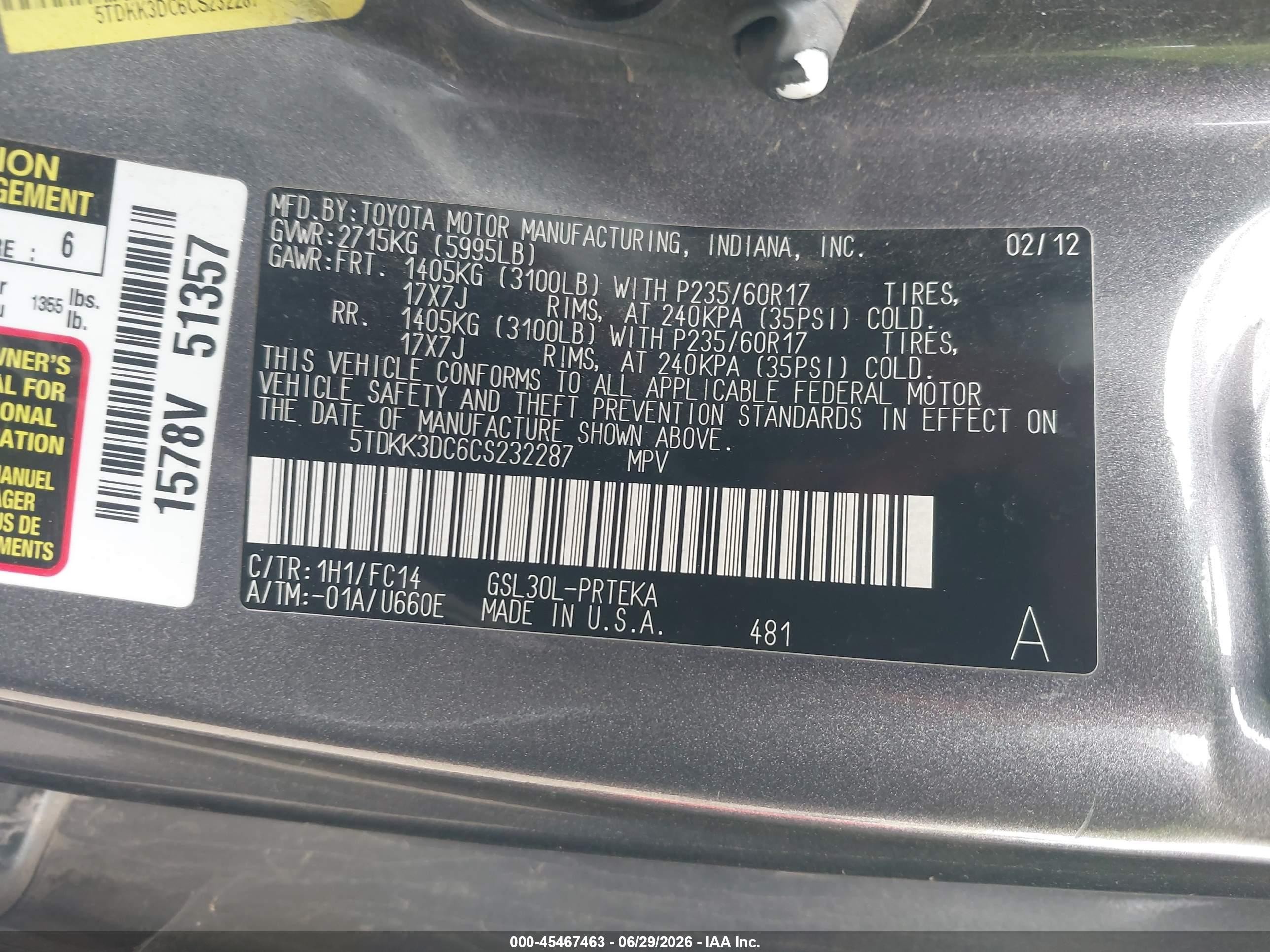 2012 Toyota Sienna Le V6 8 Passenger Gray vin: 5TDKK3DC6CS232287