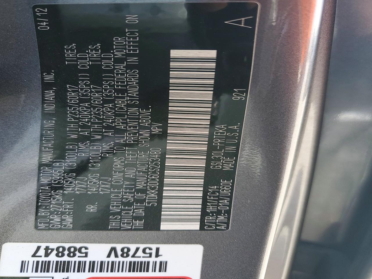 2012 Toyota Sienna Le Gray vin: 5TDKK3DC6CS253480