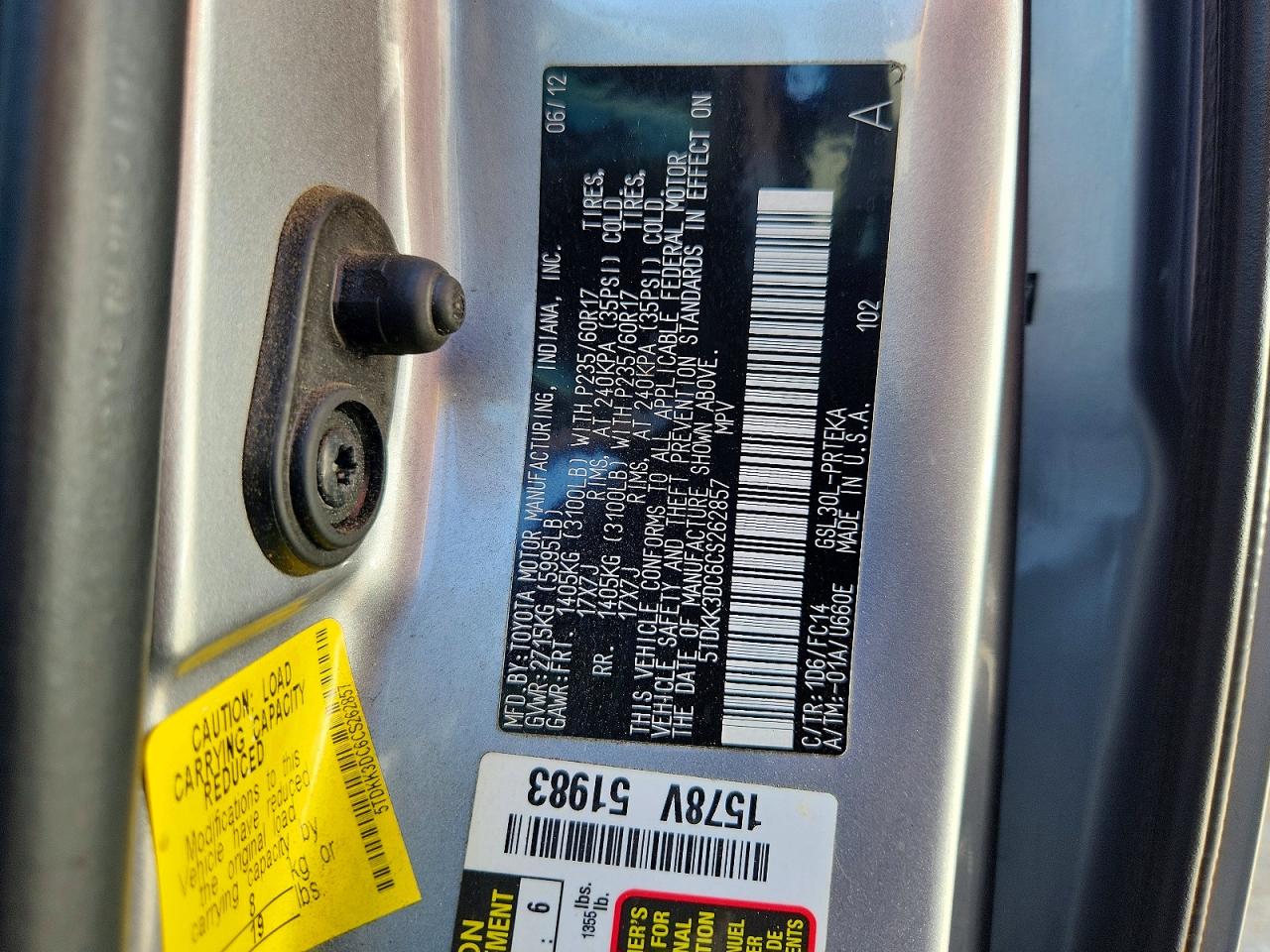 2012 Toyota Sienna Le Silver vin: 5TDKK3DC6CS262857