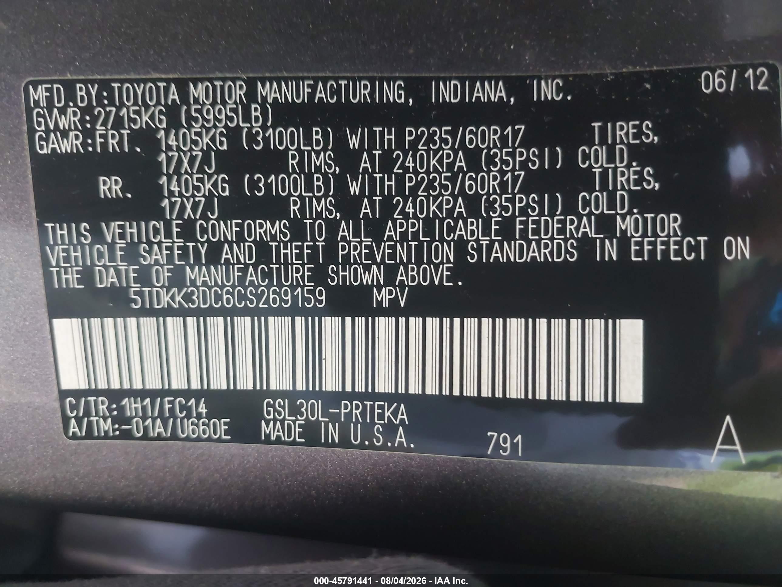 2012 Toyota Sienna Le V6 8 Passenger Gray vin: 5TDKK3DC6CS269159