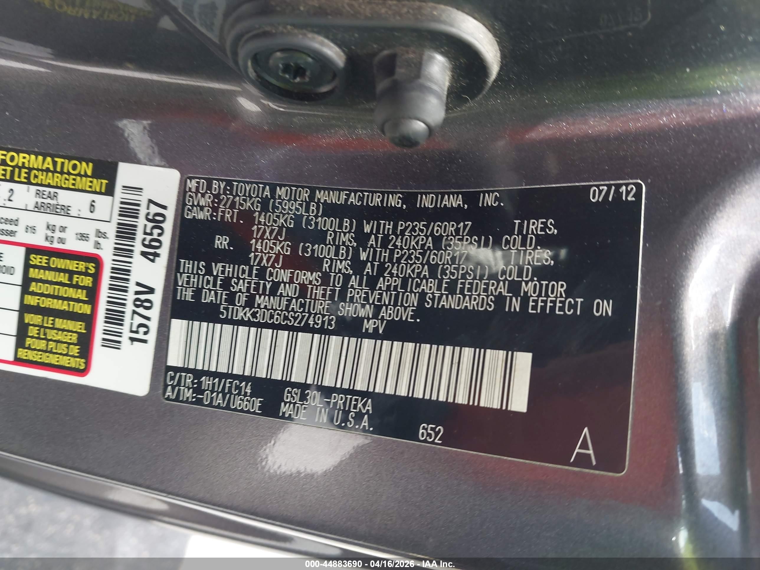 2012 Toyota Sienna Le V6 8 Passenger Gray vin: 5TDKK3DC6CS274913