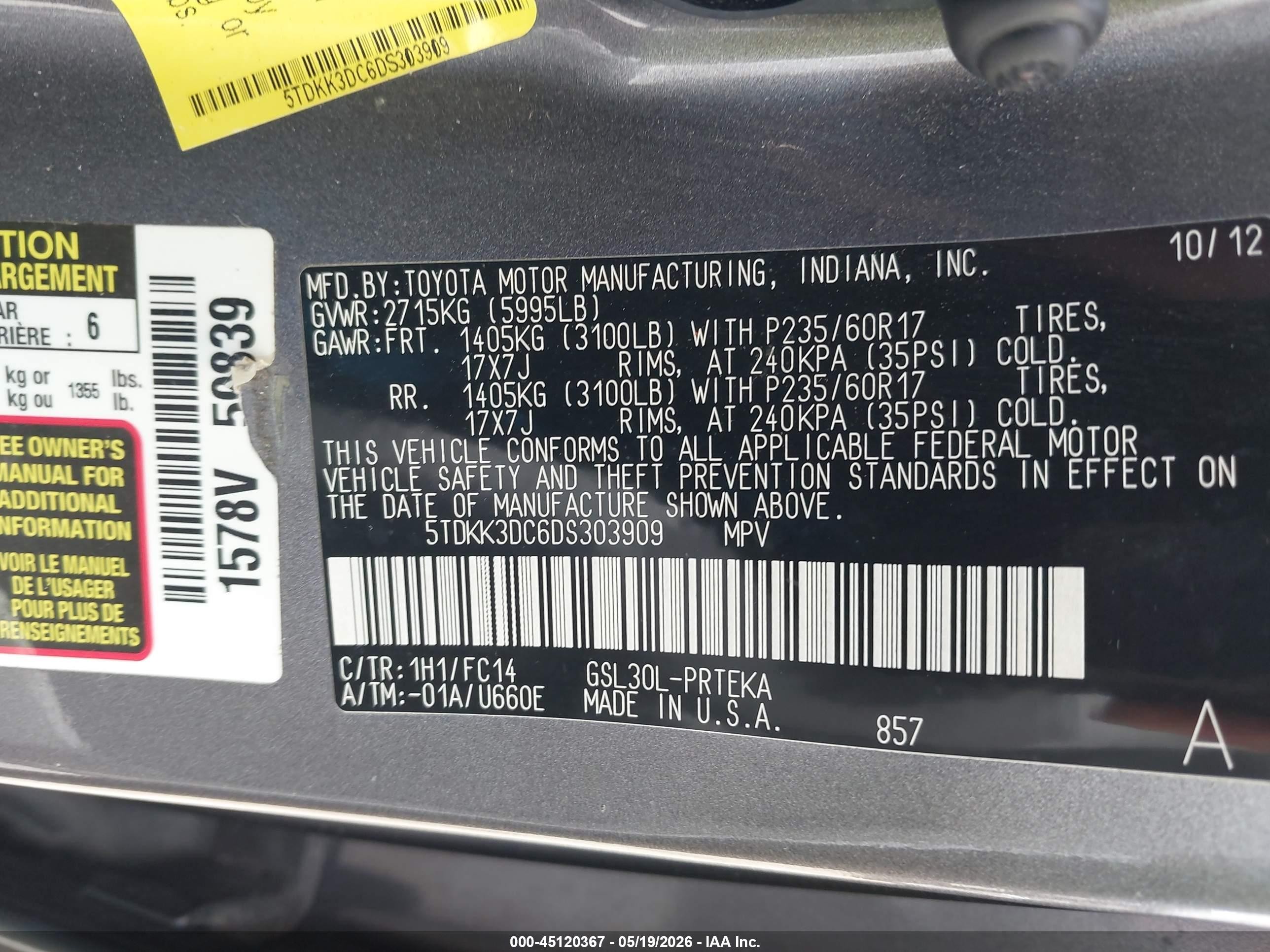 2013 Toyota Sienna Le V6 8 Passenger Gray vin: 5TDKK3DC6DS303909