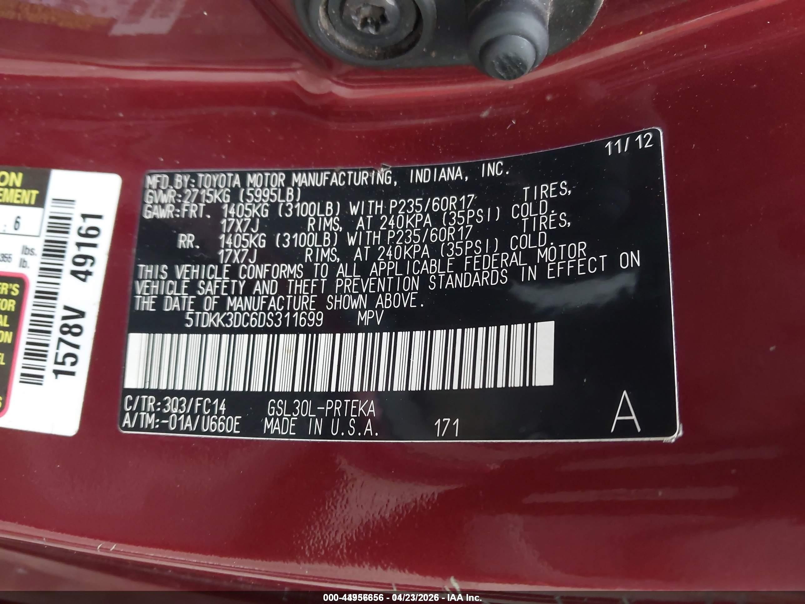 2013 Toyota Sienna Le V6 8 Passenger Red vin: 5TDKK3DC6DS311699