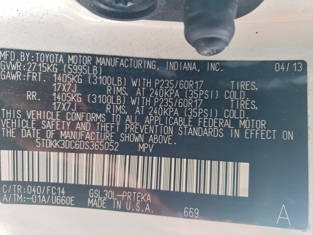 2013 Toyota Sienna Le White vin: 5TDKK3DC6DS365052