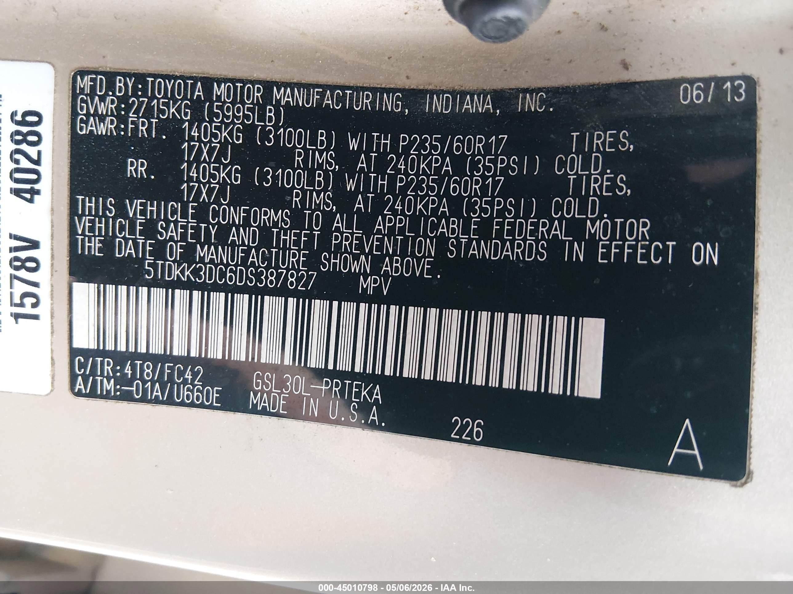 2013 Toyota Sienna Le V6 8 Passenger Золотой vin: 5TDKK3DC6DS387827