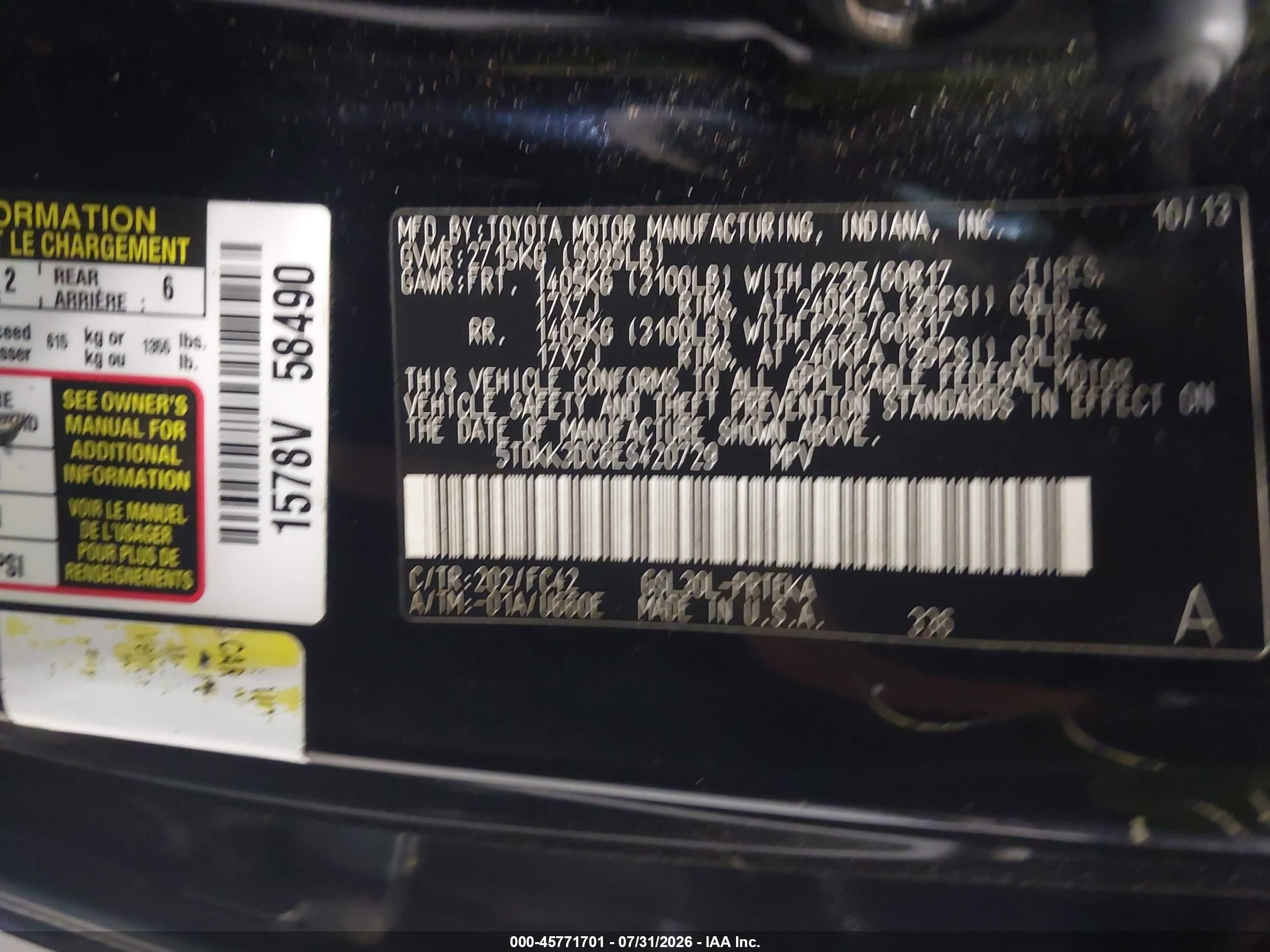 2014 Toyota Sienna Le V6 8 Passenger Black vin: 5TDKK3DC6ES420729