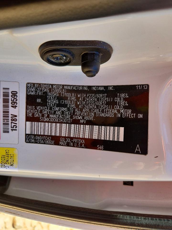 2014 Toyota Sienna Le White vin: 5TDKK3DC6ES430127