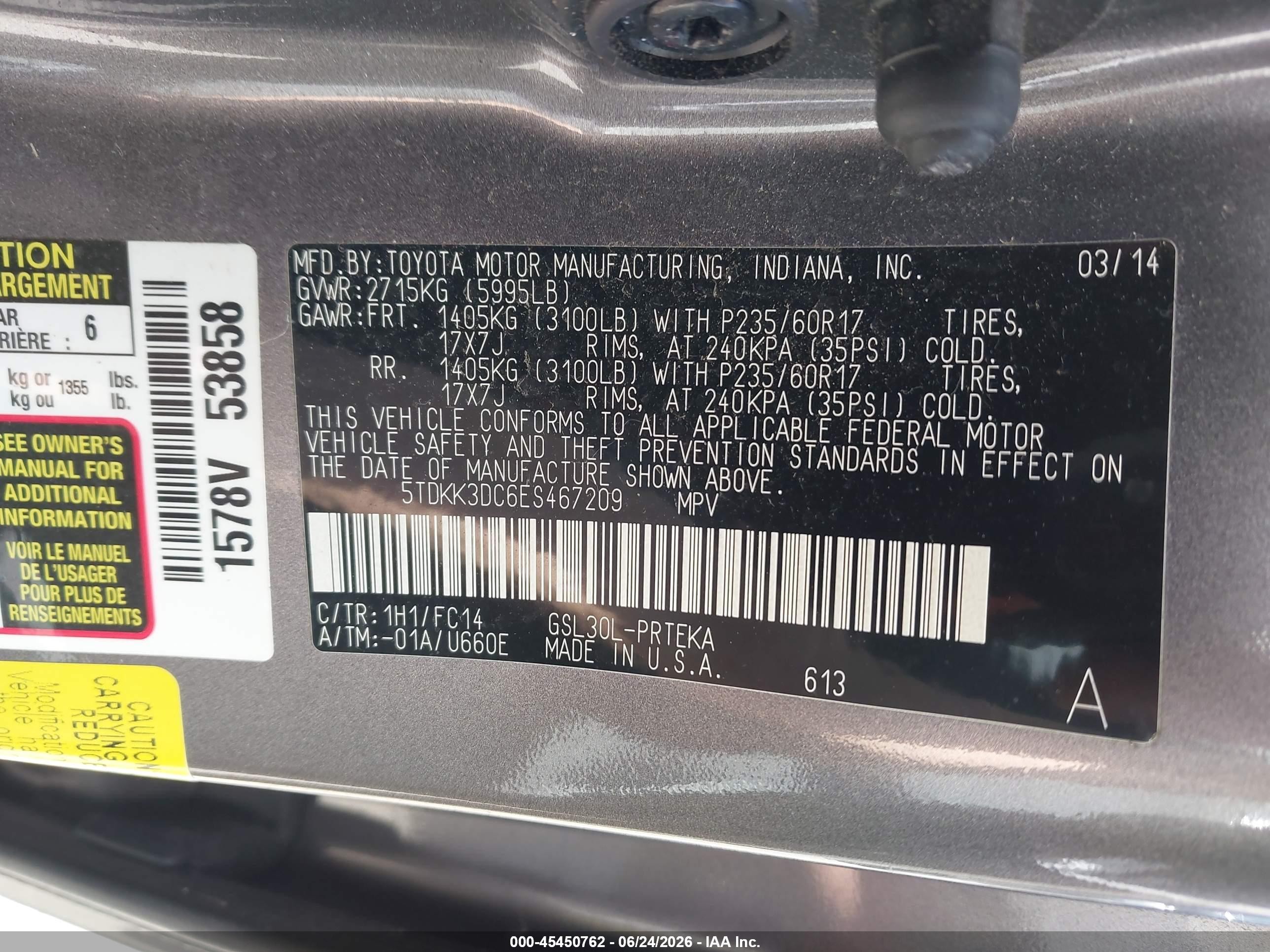 2014 Toyota Sienna Le V6 8 Passenger Gray vin: 5TDKK3DC6ES467209