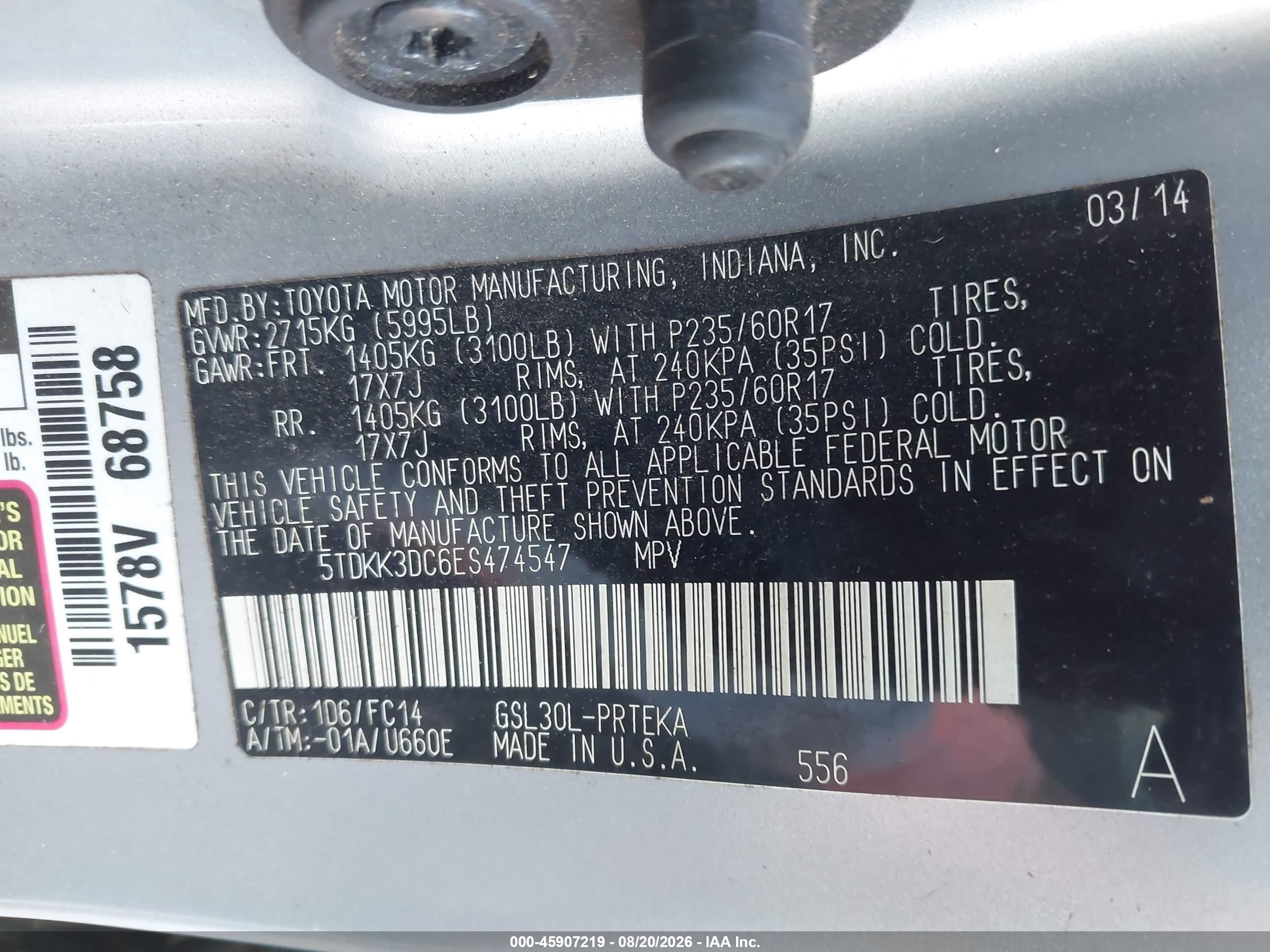 2014 Toyota Sienna Le V6 8 Passenger Silver vin: 5TDKK3DC6ES474547