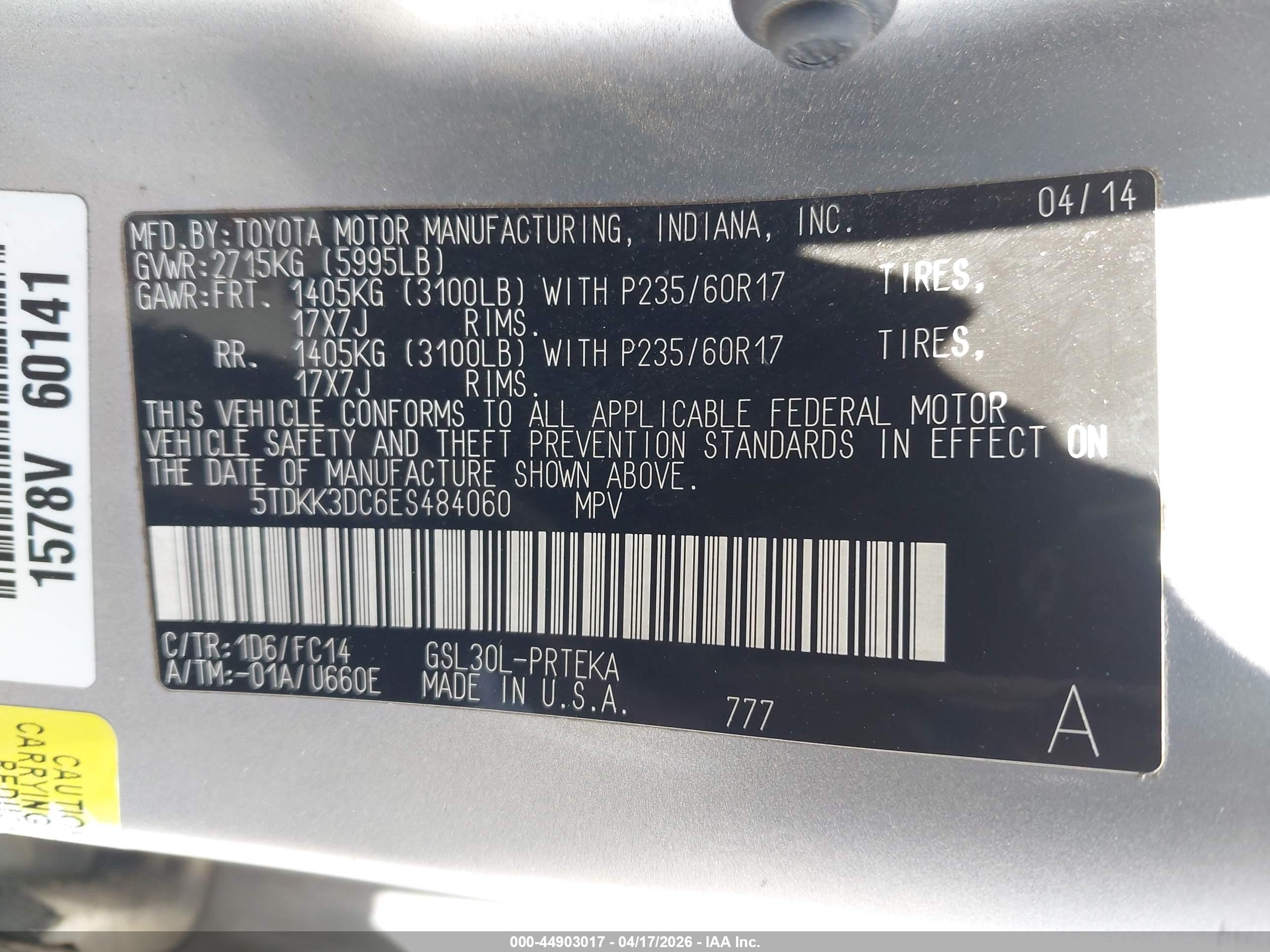 2014 Toyota Sienna Le V6 8 Passenger Серебряный vin: 5TDKK3DC6ES484060