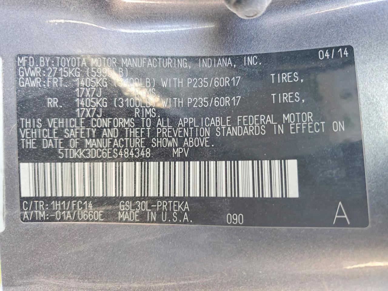 2014 Toyota Sienna Le Gray vin: 5TDKK3DC6ES484348