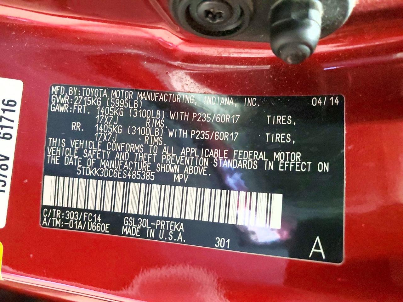 2014 Toyota Sienna Le Темно-бордовый vin: 5TDKK3DC6ES485385