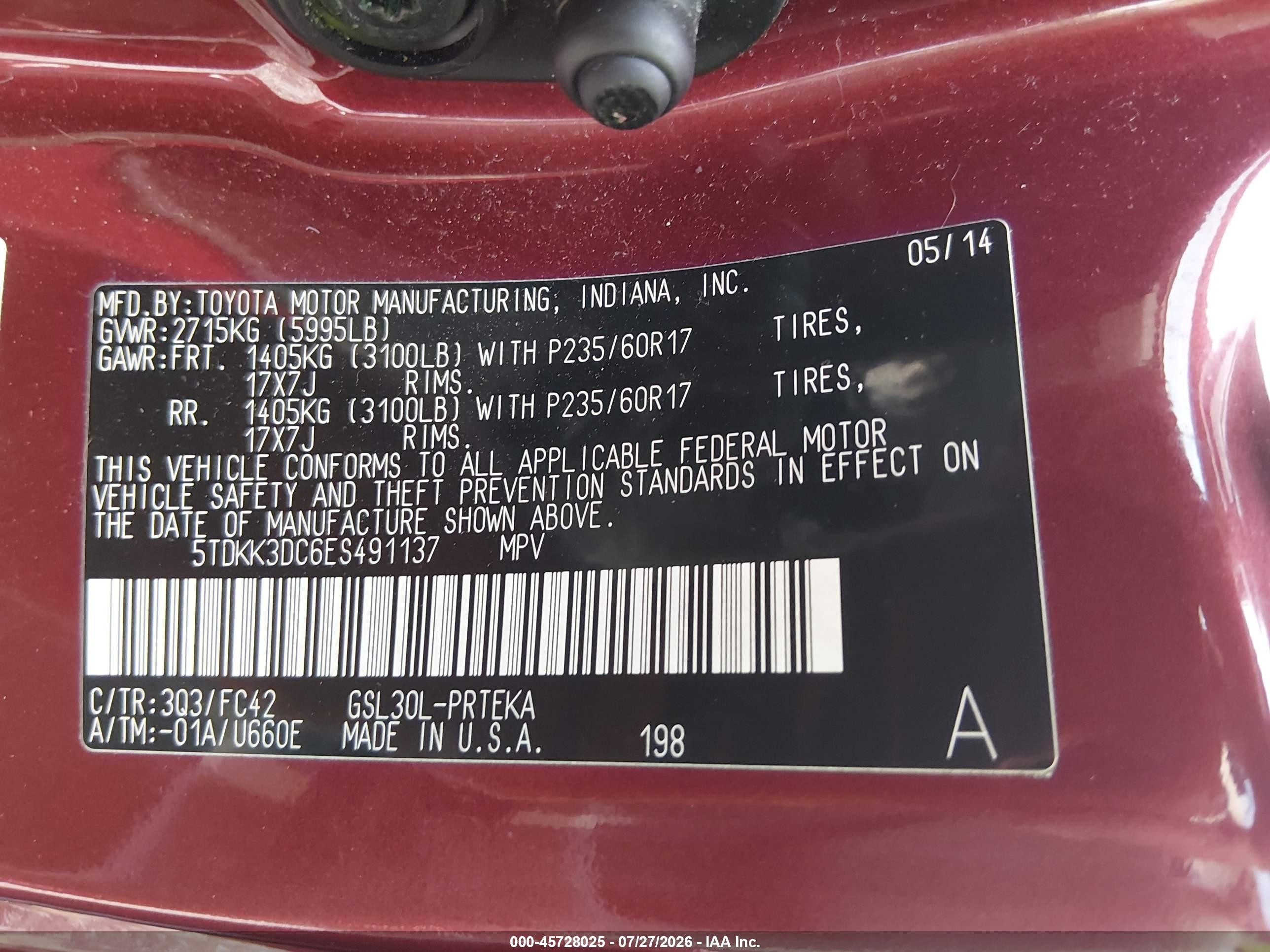 2014 Toyota Sienna Le V6 8 Passenger Темно-бордовый vin: 5TDKK3DC6ES491137