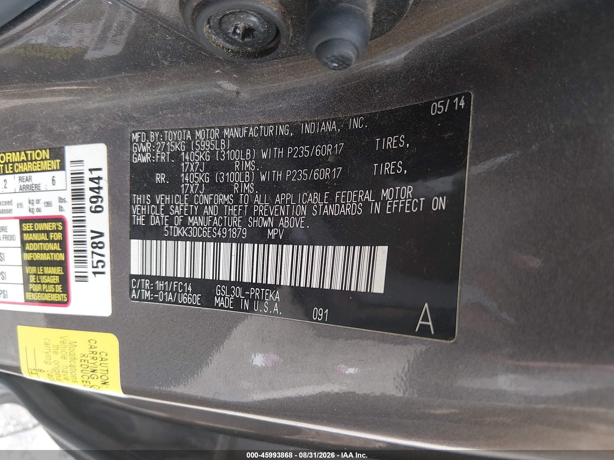 2014 Toyota Sienna Le V6 8 Passenger Gray vin: 5TDKK3DC6ES491879