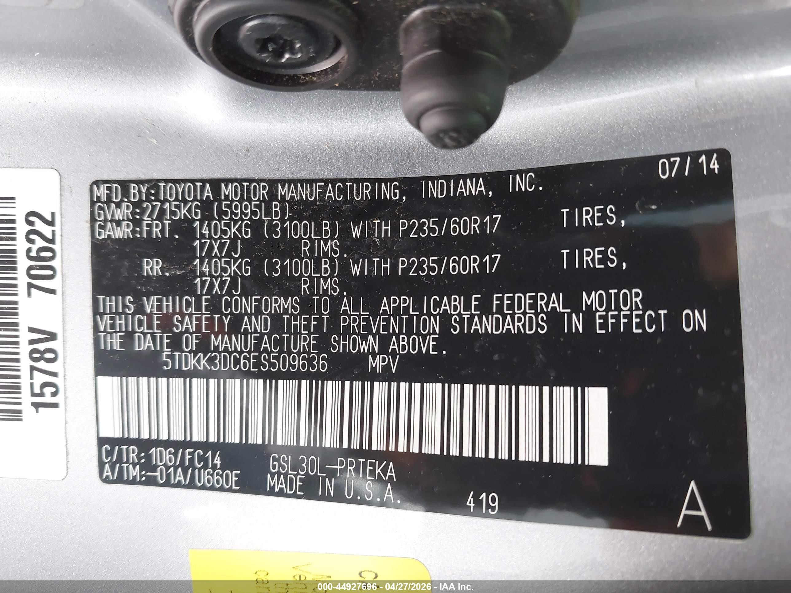 2014 Toyota Sienna Le V6 8 Passenger Gray vin: 5TDKK3DC6ES509636